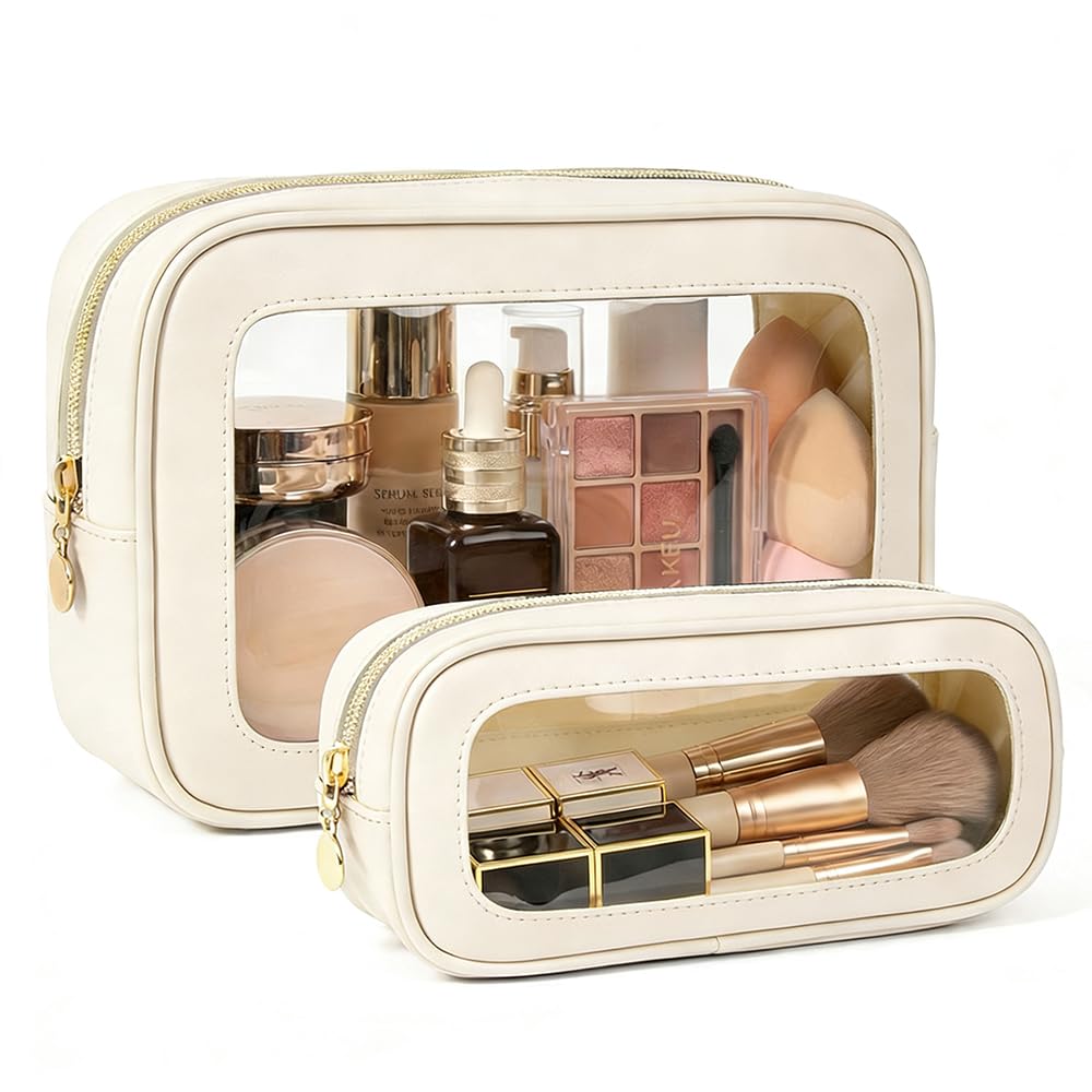 2Pcs Clear Makeup Bags Set, Clear Travel Makeup Brush Holder Leather Makeup Case Toiletry Bag with Zipper Portable Cosmetic Pouch Waterproof Makeup Brush Storage Bag Car Bag for Essentials