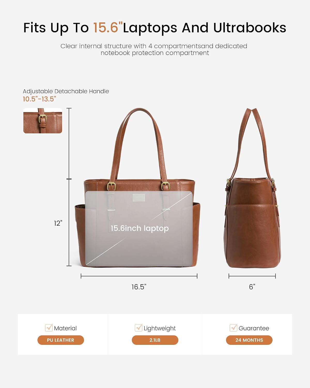 LOVEVOOK Laptop Tote Bag for Women, Vintage Leather 15.6 Inch Work Tote with Large Water Bottle Pocket, Teacher Nurse Professional Computer Bag, Office Briefcase Handbag Gift, Brown