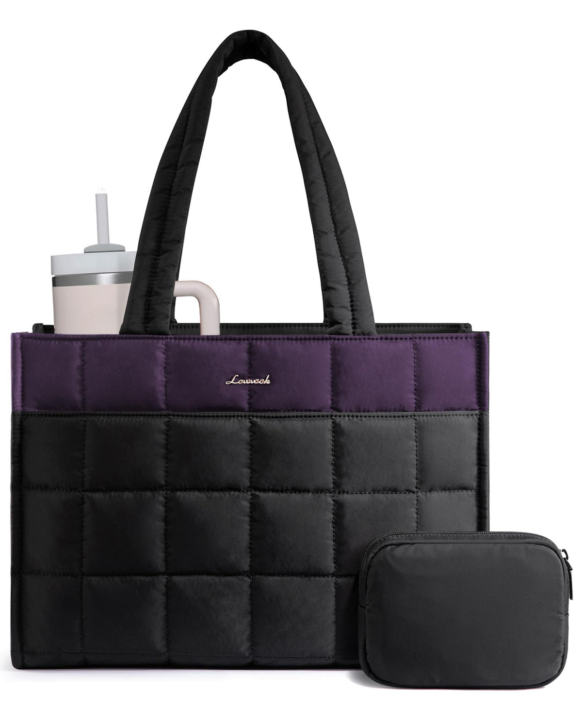 LOVEVOOK Tote Bag for Women, Puffer Work Handbag 15.6 Inch Laptop Purse for Nurse Teacher, Large Quilted Travel Tote Shoulder Bag with Zipper for College Office Clinical Gym, Black