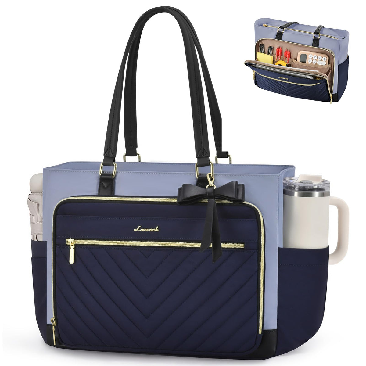 LOVEVOOK Teacher Tote Bag for Women, Work Laptop Bag Gift with Large Cup Holder, Quilted Nurse Bag Diaper Tote with Multi-Pockets, Large Computer Handbag Purse for Bussiness Travel, Office, College
