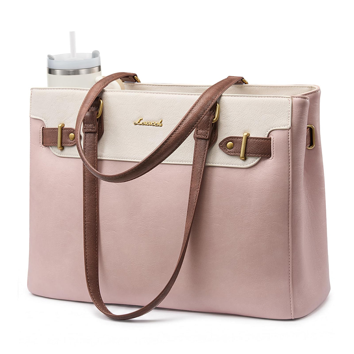 LOVEVOOK Laptop Tote Bag for Women Work, Teacher Tote Bag with Large Cup Holder, Waterproof Leather Computer Bag