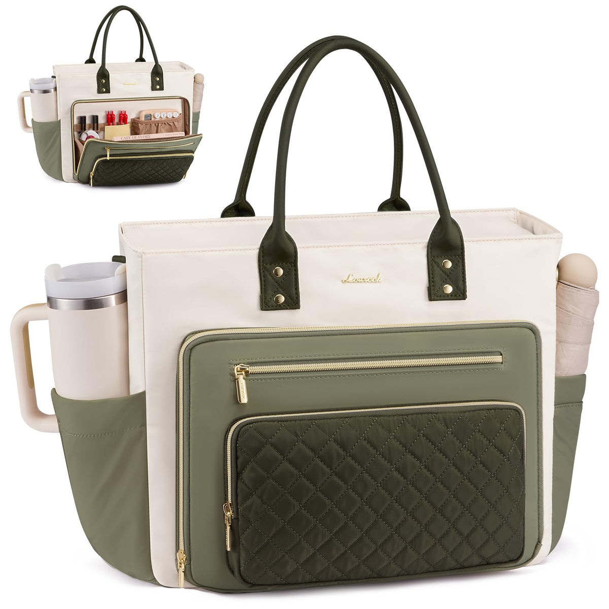 LOVEVOOK Teacher Tote Bag for Women Work, Laptop Bag With Large Cup Holder, Nurse Bags Professional Briefcase Business Computer Purses Bible Handbag Gifts, Black-Beige-Brown, 15.6 Inch