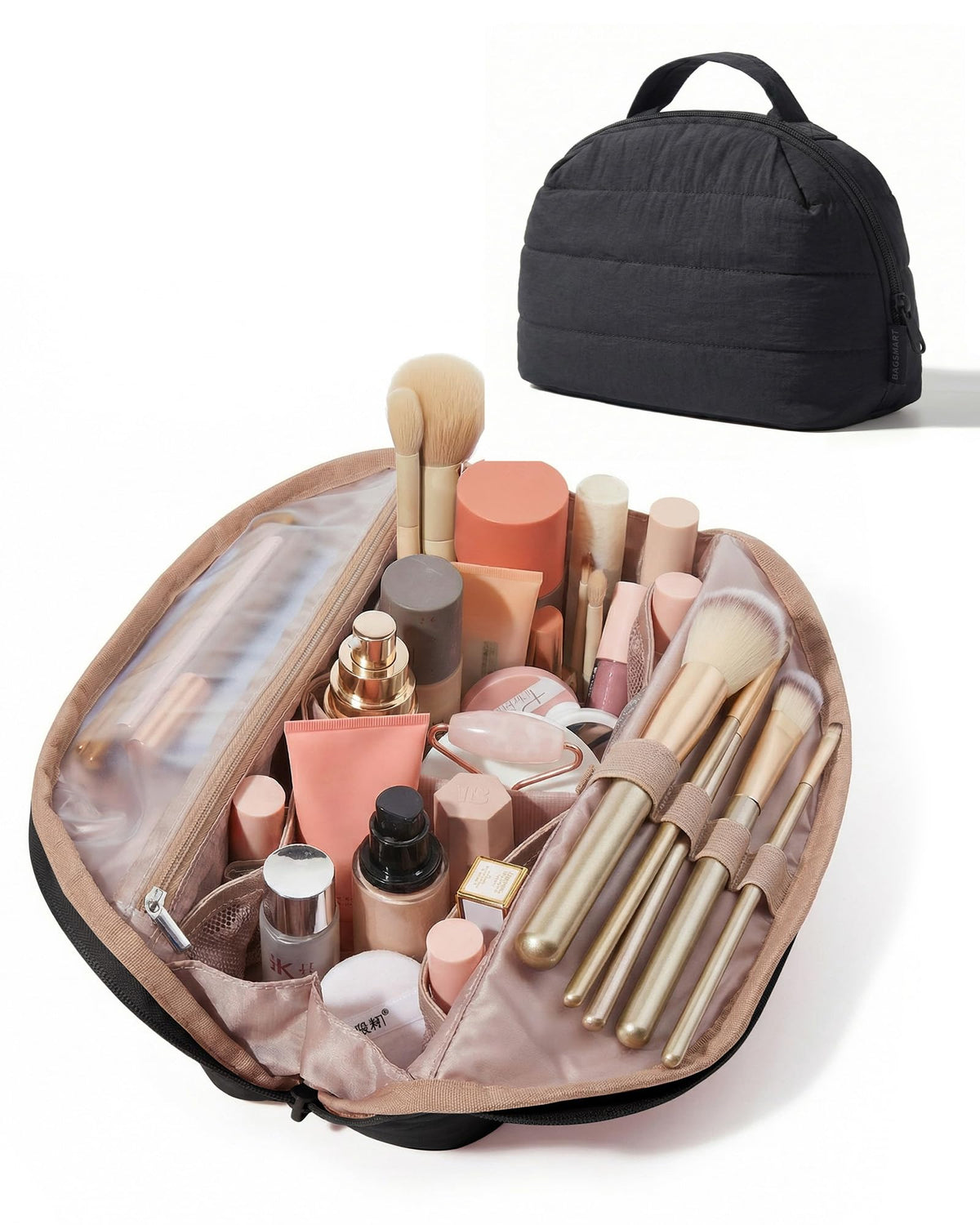 BAGSMART Travel Makeup Bag, Fold-Down Cosmetic Pouch for Women, Pink