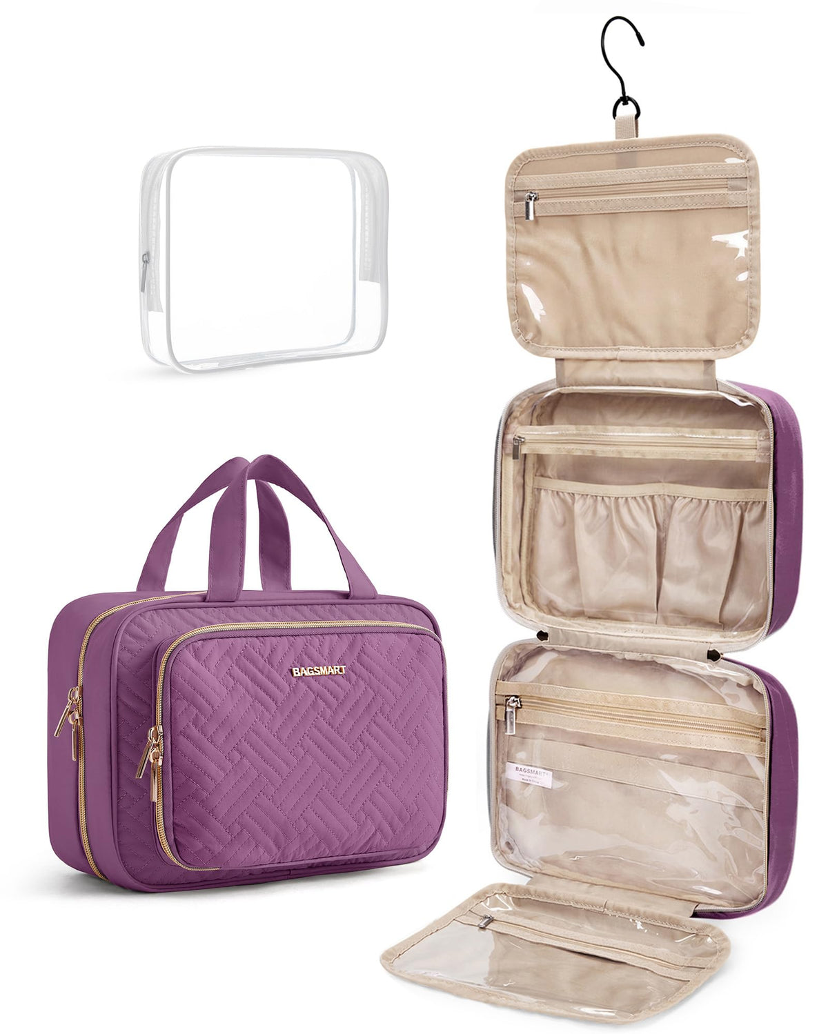 BAGSMART Toiletry Bag Hanging Travel Makeup Organizer with TSA Approved Transparent Cosmetic Bag Makeup Bag for Full Sized Toiletries, Medium-Black