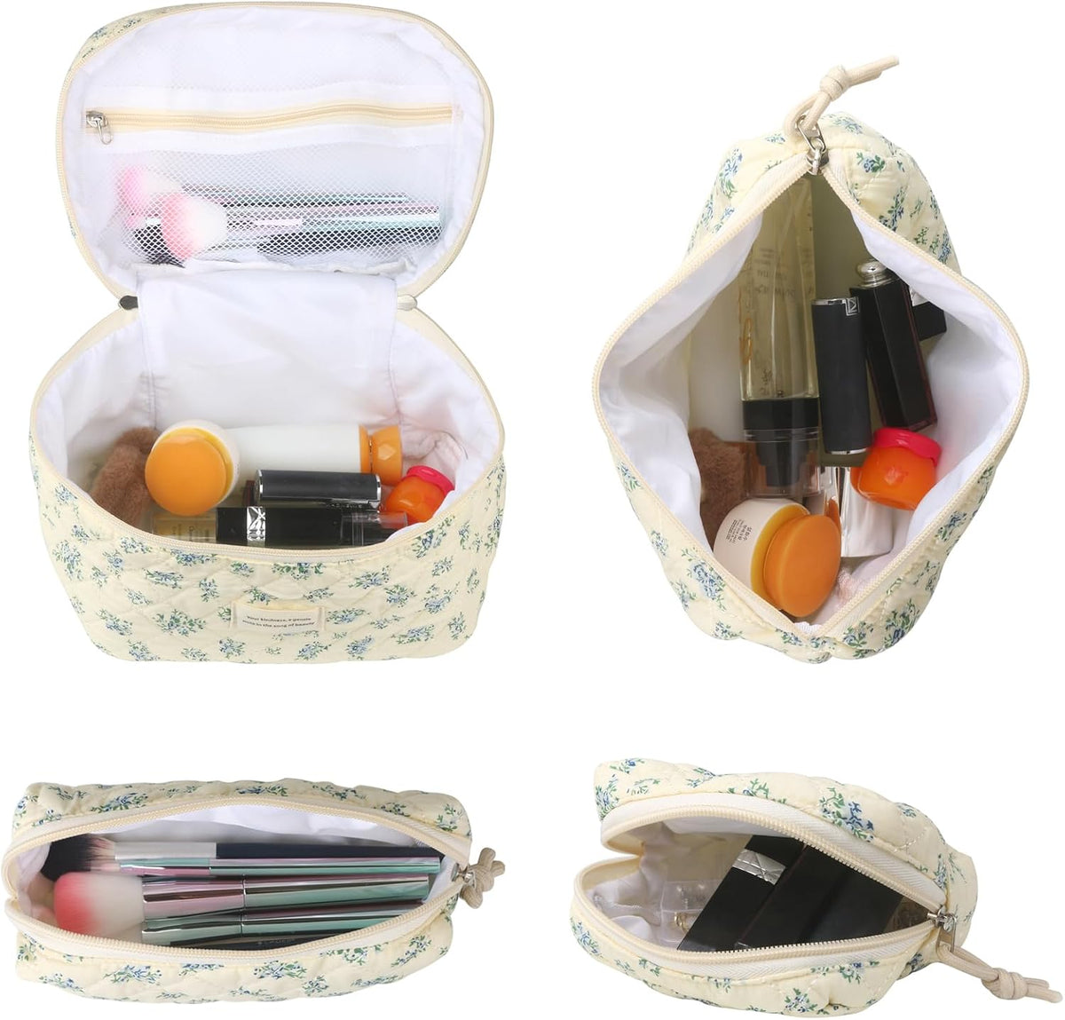 VIWIME Makeup Cosmetic Bag, Large Cotton Quilted Travel Coquette Aesthetic Cute Floral Make up Bag for Women Toiletry Bag Organizer (203- Blue Rose / 4Pcs)