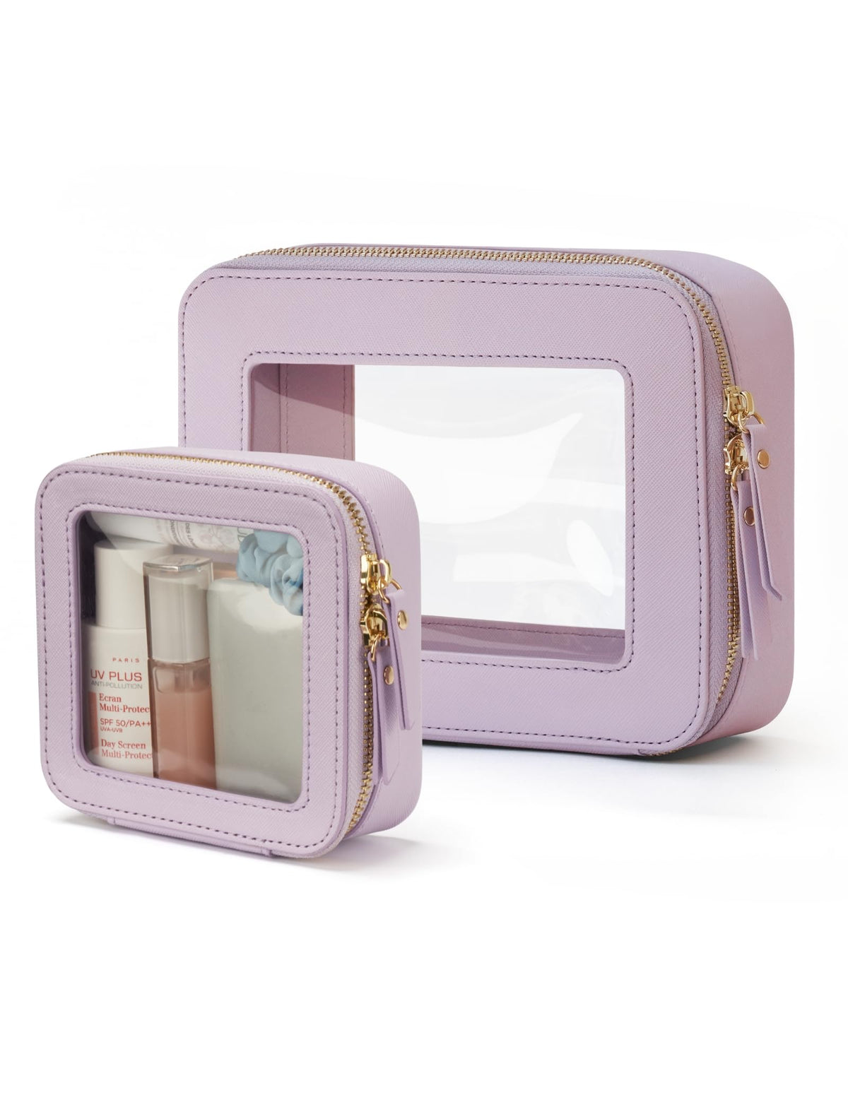 Popvibe Clear Makeup Bag Travel Cosmetic Case Transparent Toiletry Bag with Zipper, Portable Make Up Organizer Traveling Compact Car Bag for Essentials, Gold, Large