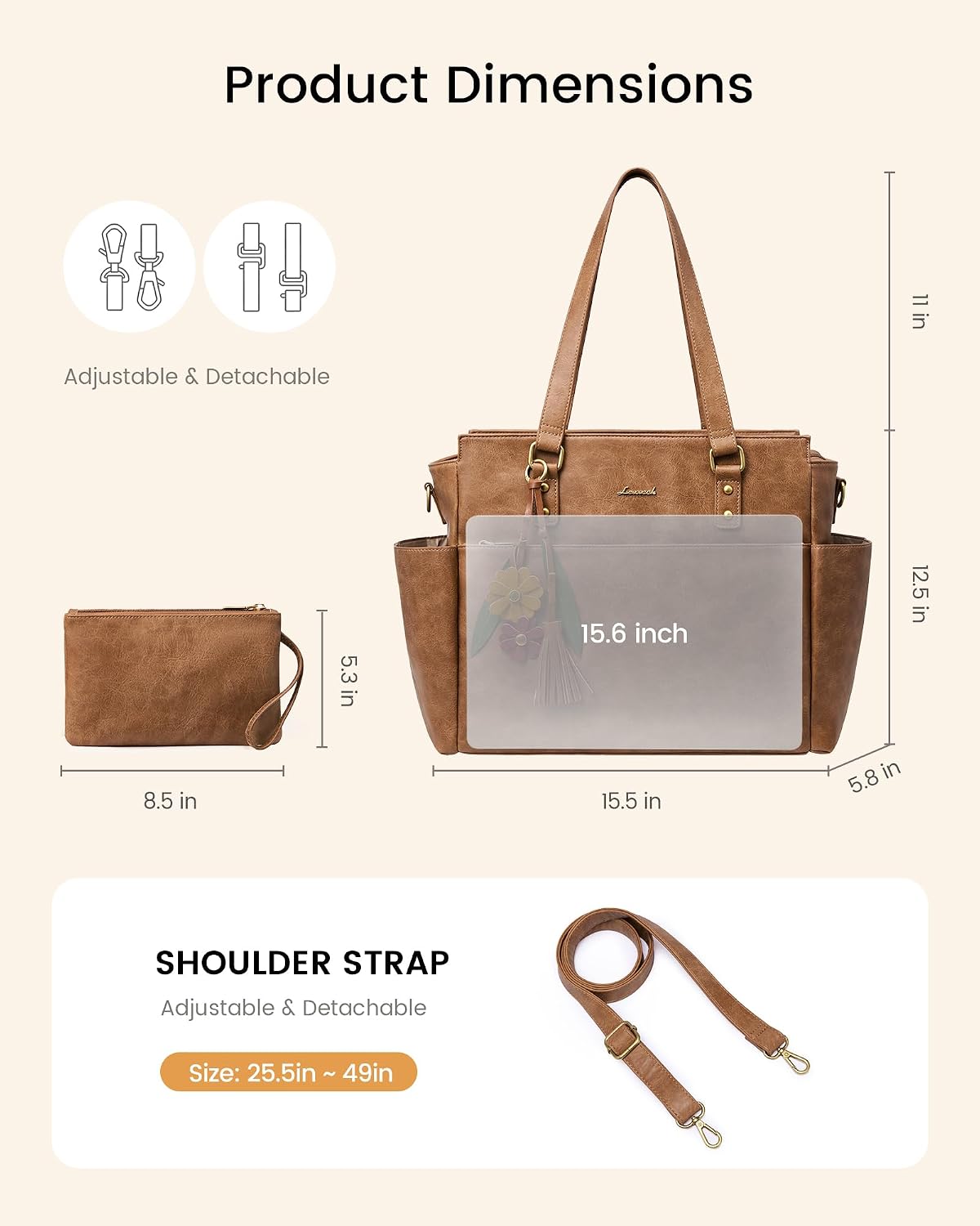 LOVEVOOK Laptop Tote Bag for Women, Vintage Work Teacher Bag with Clutch