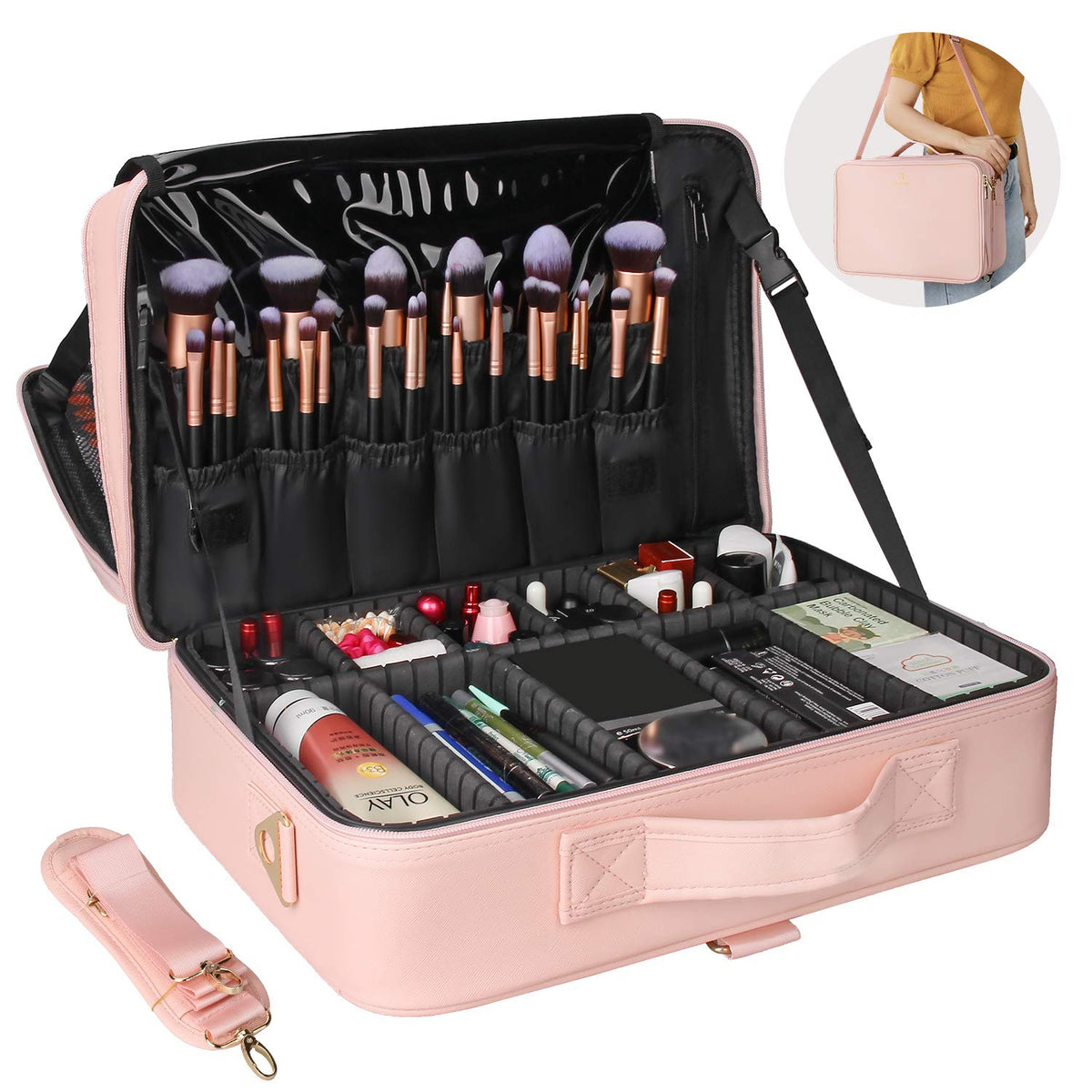 Relavel Makeup Bag Travel Train Case Cosmetic Organizer with Divider, Black