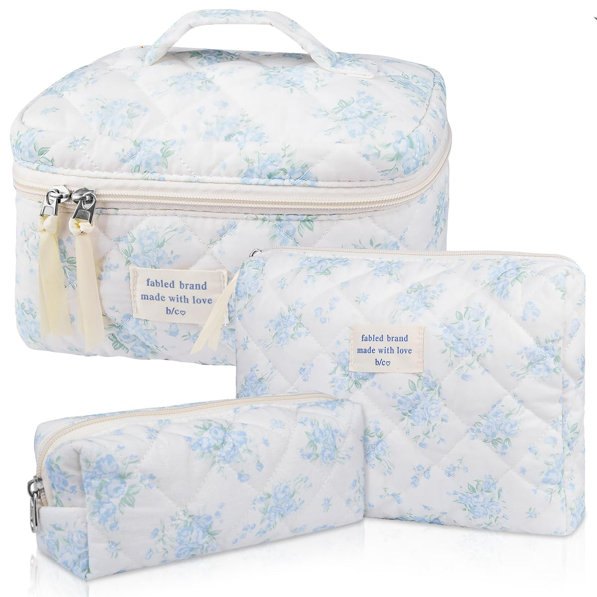 Gosect Makeup Bag, Large Quilted Cosmetic Bag, Big Floral Make Up Bag for Women Girls, Cute Cotton Makeup Bag Set, Flower Travel Toiletry Organizer Bag (Blue Flower)