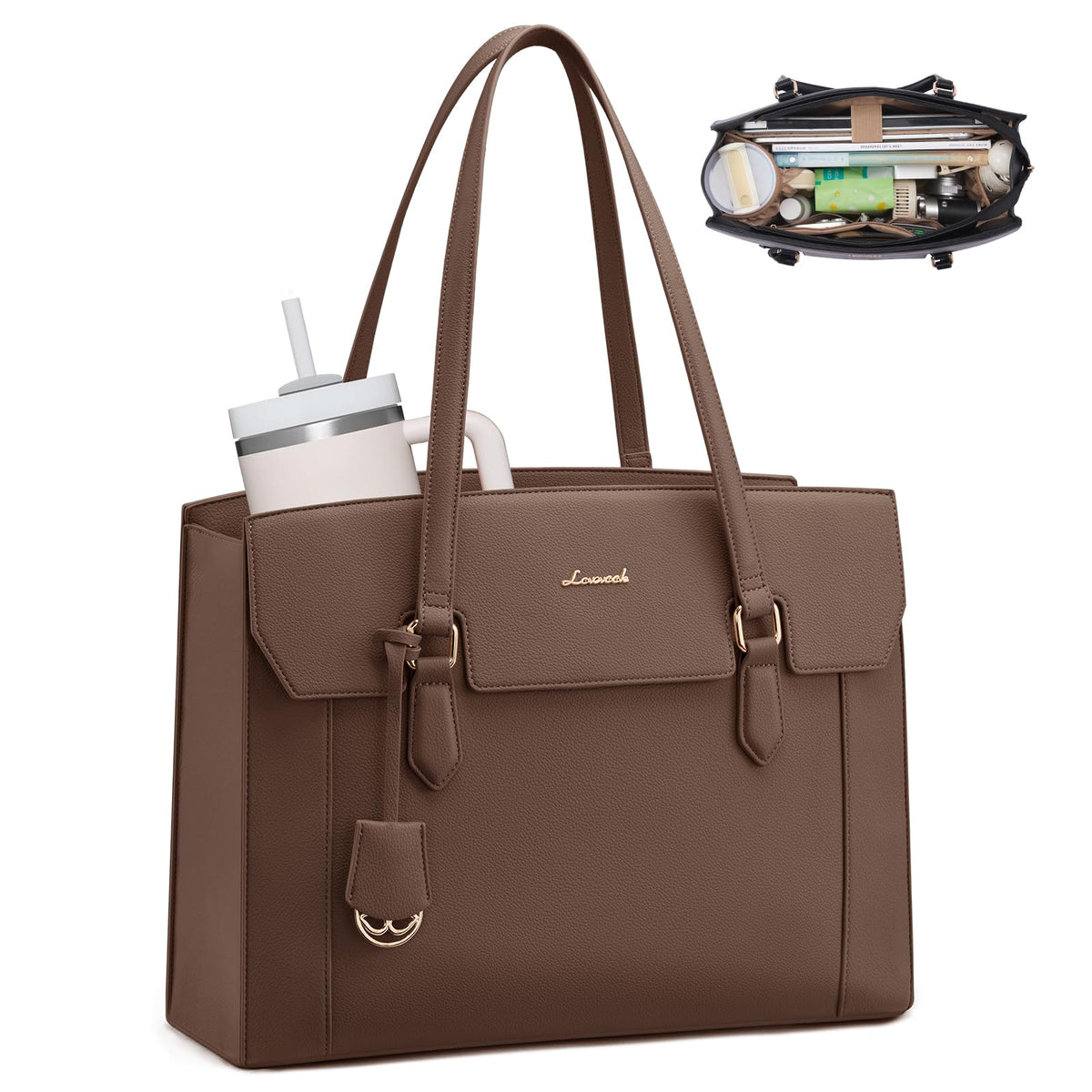 LOVEVOOK Laptop Tote Bag for Women,Computer Work Bag With Large Cup Holder,15.6 Inch Waterproof PU Leather Purse Briefcase for Teacher