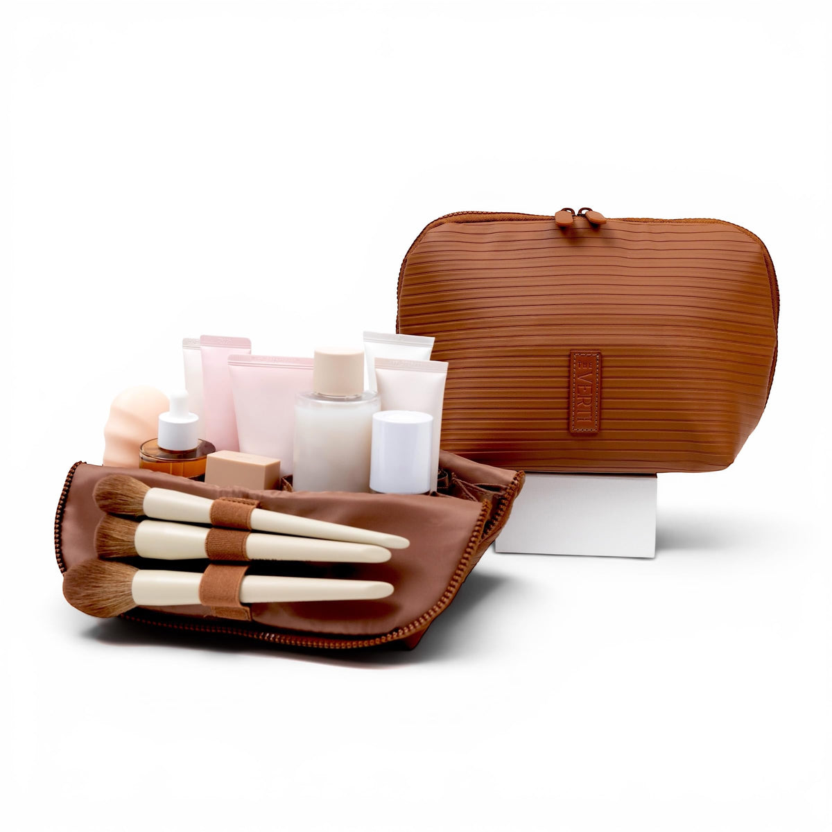 THE VERTI-Vertical Waterproof Makeup & Toiletry Bag | 23-Pocket Organizer with Upright, Fold-Down Design for Skincare, Toiletries & Essentials (Sandstone)