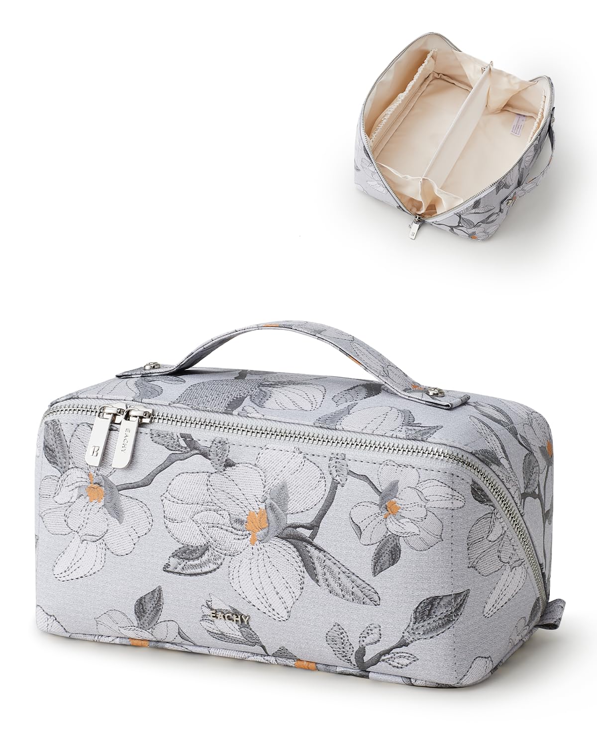 EACHY Travel Makeup Bag, Floral Cosmetic Bag for Women, Beige, Medium
