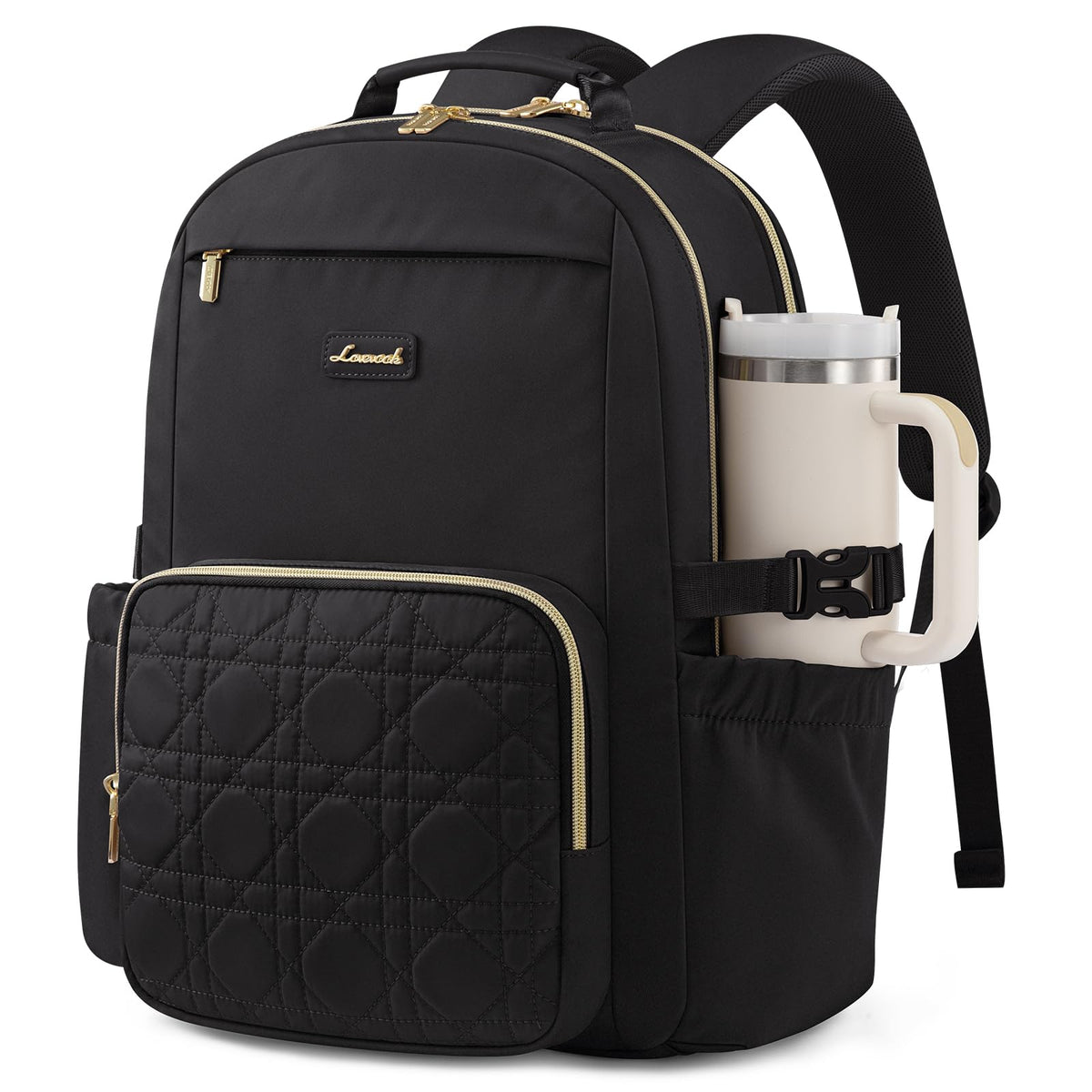 LOVEVOOK Laptop Backpack for Women with Pouch Pocket for Large Capacity Cup,15.6 Inch Laptop Computer Bag Travel Backpack Purse,Waterproof Work Business Backpack College Teacher Bags,Beige-Black-Brown
