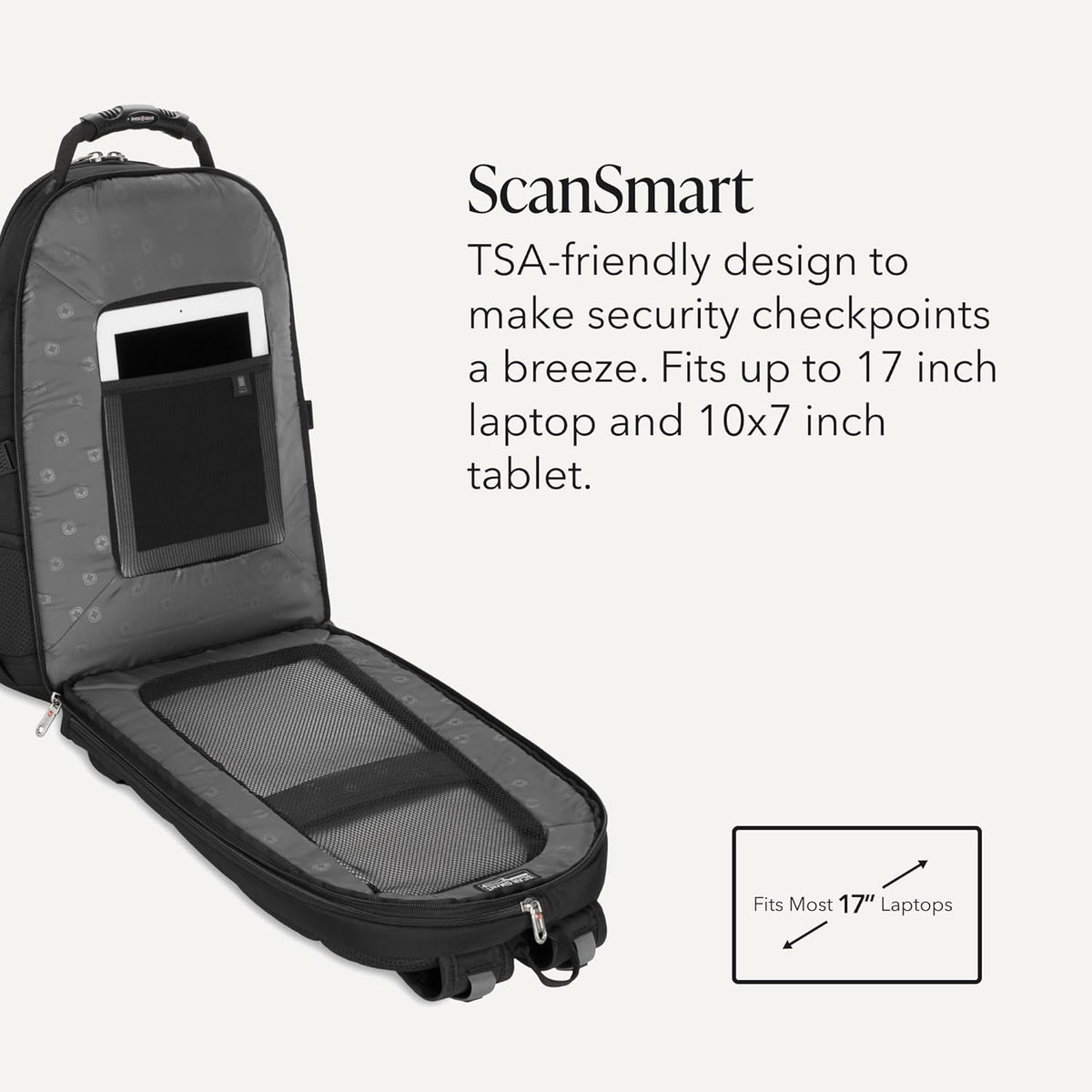 SWISSGEAR 1900 ScanSmart Laptop Backpack, Fits Most 17-Inch Laptops, TSA-Friendly Lay-Flat Design, RFID Protection, and Tablet Pocket, Black, 31L, 18.5-Inch