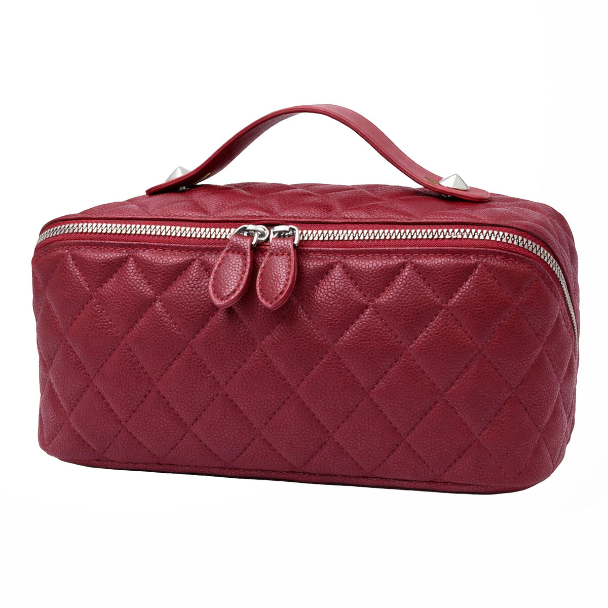 PU Leather Makeup Bag for Women, Structured Makeup Case with Wide Opening, Travel Cosmetic Bag with Compartments and Handle, Water-Resistant Makeup Organizer(Khaki, Lychee Grain)