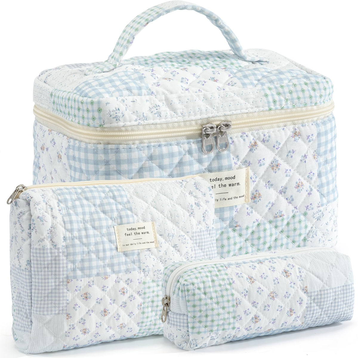 Makeup Bag for Women 3PCS Quilted Cotton Make Up Bag Travel Cosmetic Bag Large Makeup Bag Set Cute Makeups Organizer Floral Toiletry Pouch for Purse, Pink Floral D