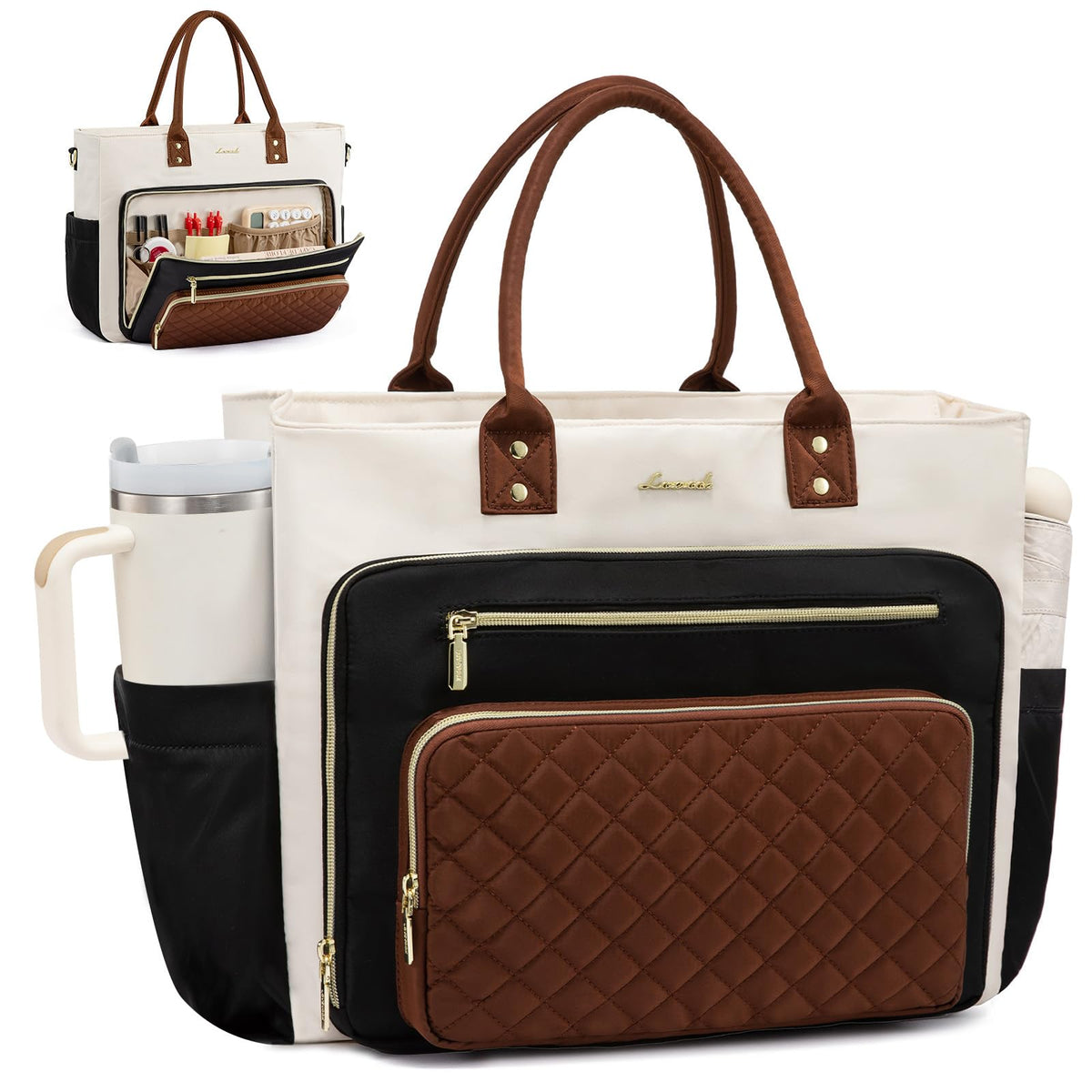 LOVEVOOK Teacher Tote Bag for Women Work, Laptop Bag With Large Cup Holder, Nurse Bags Professional Briefcase Business Computer Purses Bible Handbag Gifts, Black-Beige-Brown, 15.6 Inch