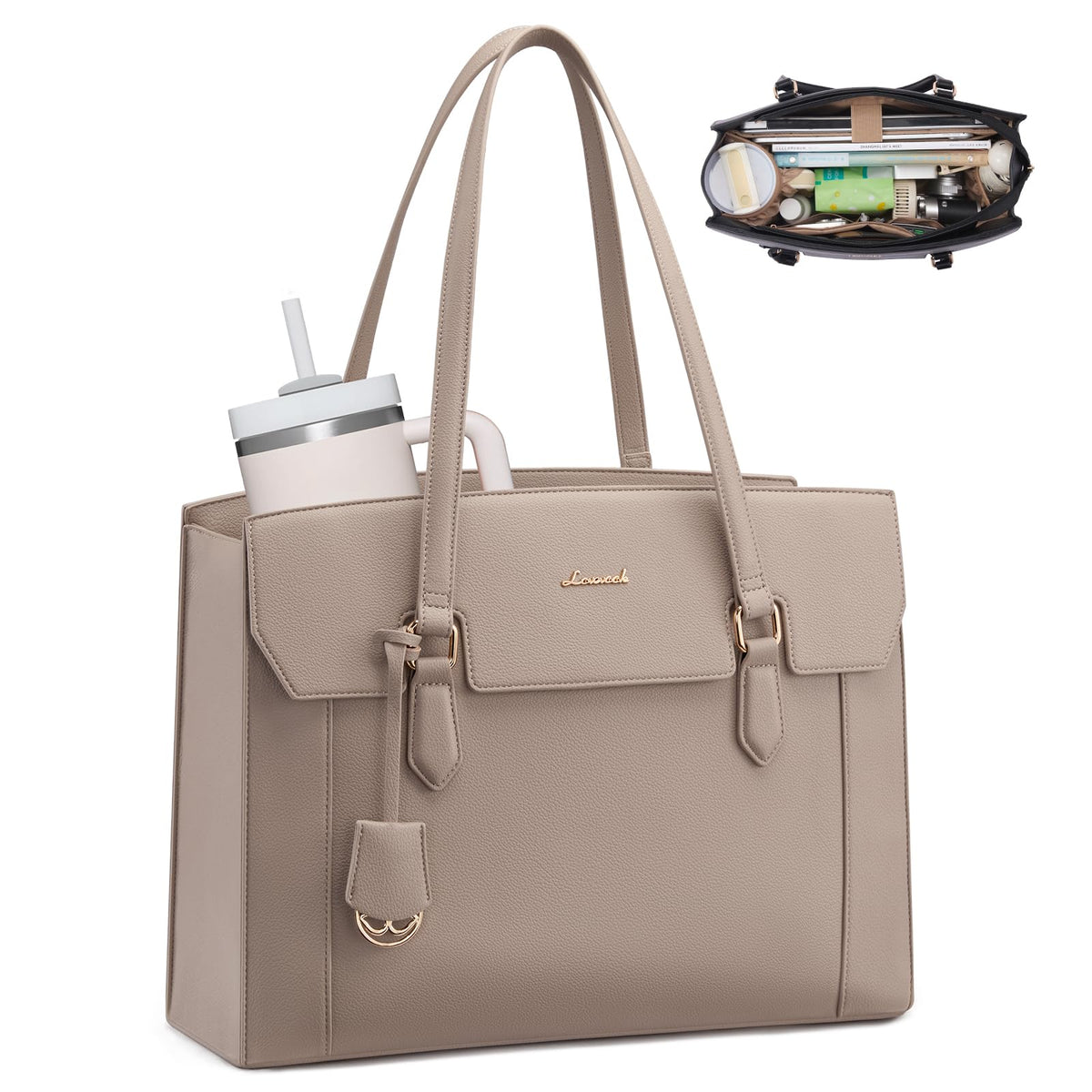 LOVEVOOK Laptop Tote Bag for Women,Computer Work Bag With Large Cup Holder,15.6 Inch Waterproof PU Leather Purse Briefcase for Teacher