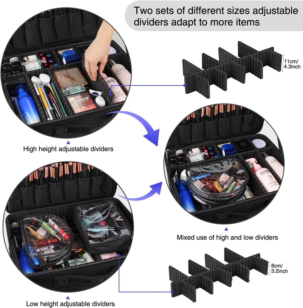 Relavel Extra Large Makeup Case, Makeup Artist Set Bag Professional Cosmetic Organizer Bag Storage Box with Makeup Brush Holder, Adjustable Dividers and Shoulder Strap, Black