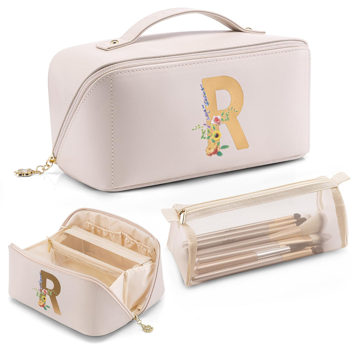 VLANDO Travel Makeup Bag with 180°Opening, Women Toiletry Case,Toffee