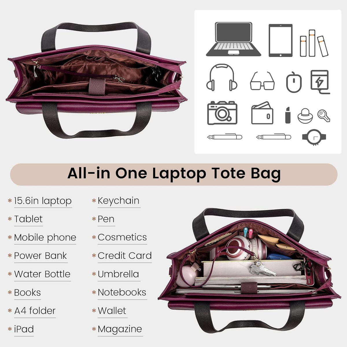 LOVEVOOK Laptop Bag for Women 15.6 Inch Tote Work Professional Leather Computer Briefcase Waterproof Handbag Shoulder Large Capacity Business Teacher Office Crossbody Purse