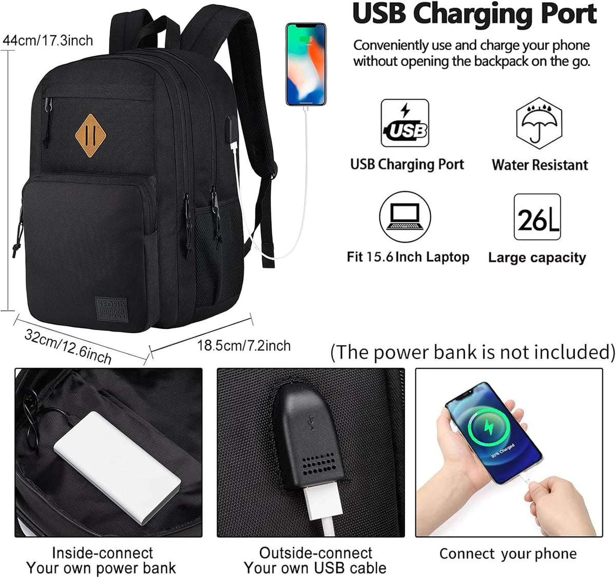 KEOFID Travel backpack for Men and Women, Anti Theft Laptop Backpack with USB Charging Port for Work, Large Bag for College, Carry-on Backpack with Luggage Strap, Water Resistent(Black)