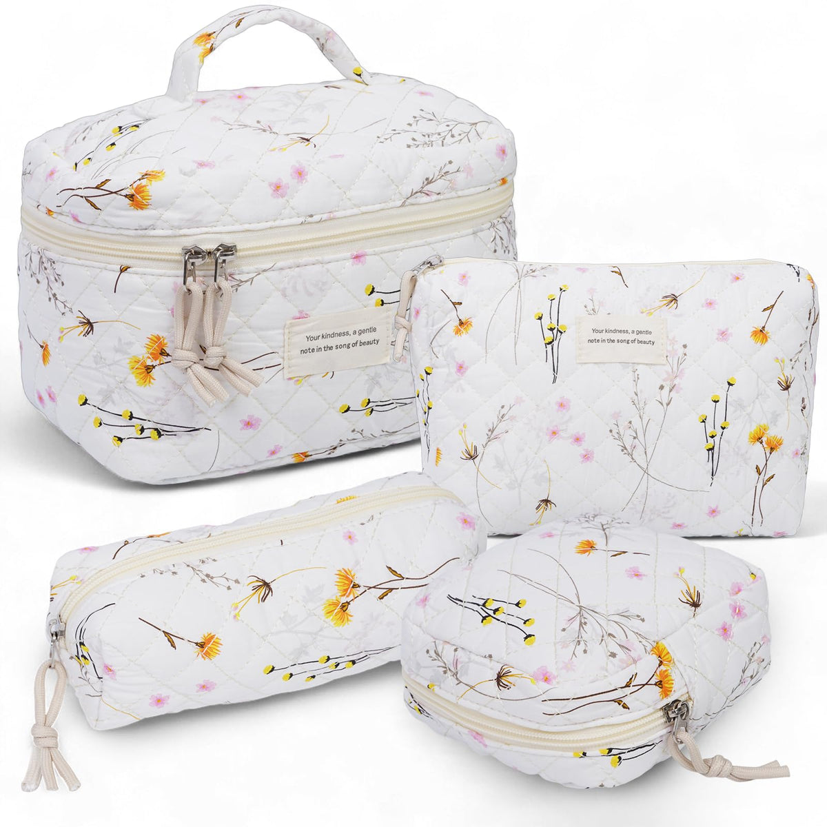 VIWIME Makeup Cosmetic Bag, Large Cotton Quilted Travel Coquette Aesthetic Cute Floral Make up Bag for Women Toiletry Bag Organizer (203- Blue Rose / 4Pcs)