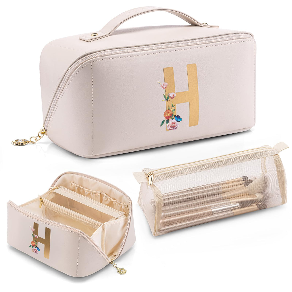 VLANDO Travel Makeup Bag with 180°Opening, Women Toiletry Case,Toffee
