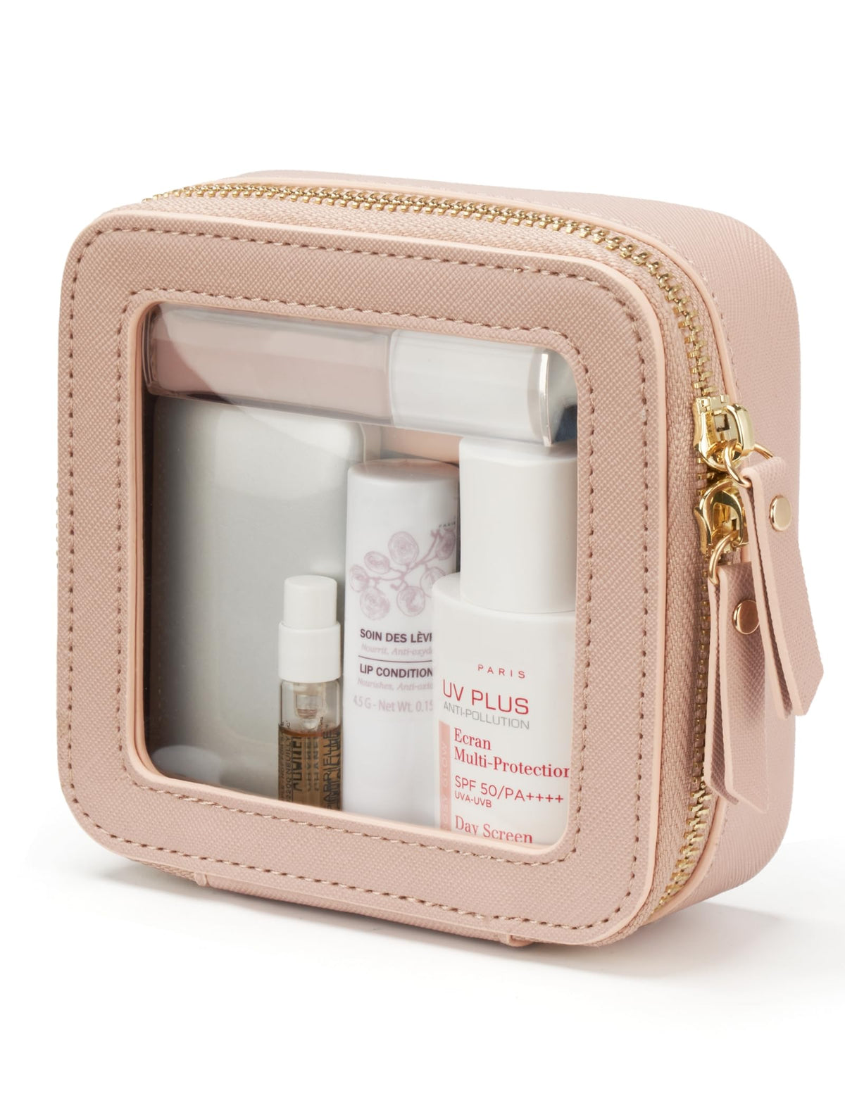 Popvibe Clear Makeup Bag Travel Cosmetic Case Transparent Toiletry Bag with Zipper, Portable Make Up Organizer Traveling Compact Car Bag for Essentials, Gold, Large