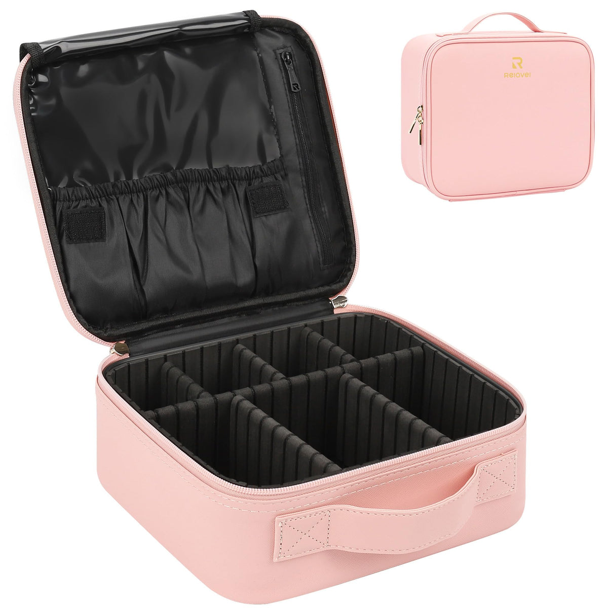 Relavel Extra Large Makeup Case, Makeup Artist Set Bag Professional Cosmetic Organizer Bag Storage Box with Makeup Brush Holder, Adjustable Dividers and Shoulder Strap, Black