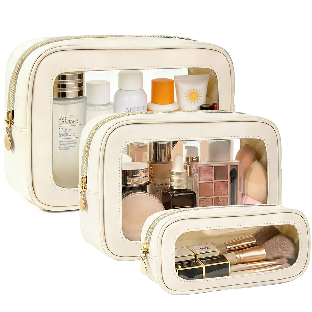 2Pcs Clear Makeup Bags Set, Clear Travel Makeup Brush Holder Leather Makeup Case Toiletry Bag with Zipper Portable Cosmetic Pouch Waterproof Makeup Brush Storage Bag Car Bag for Essentials