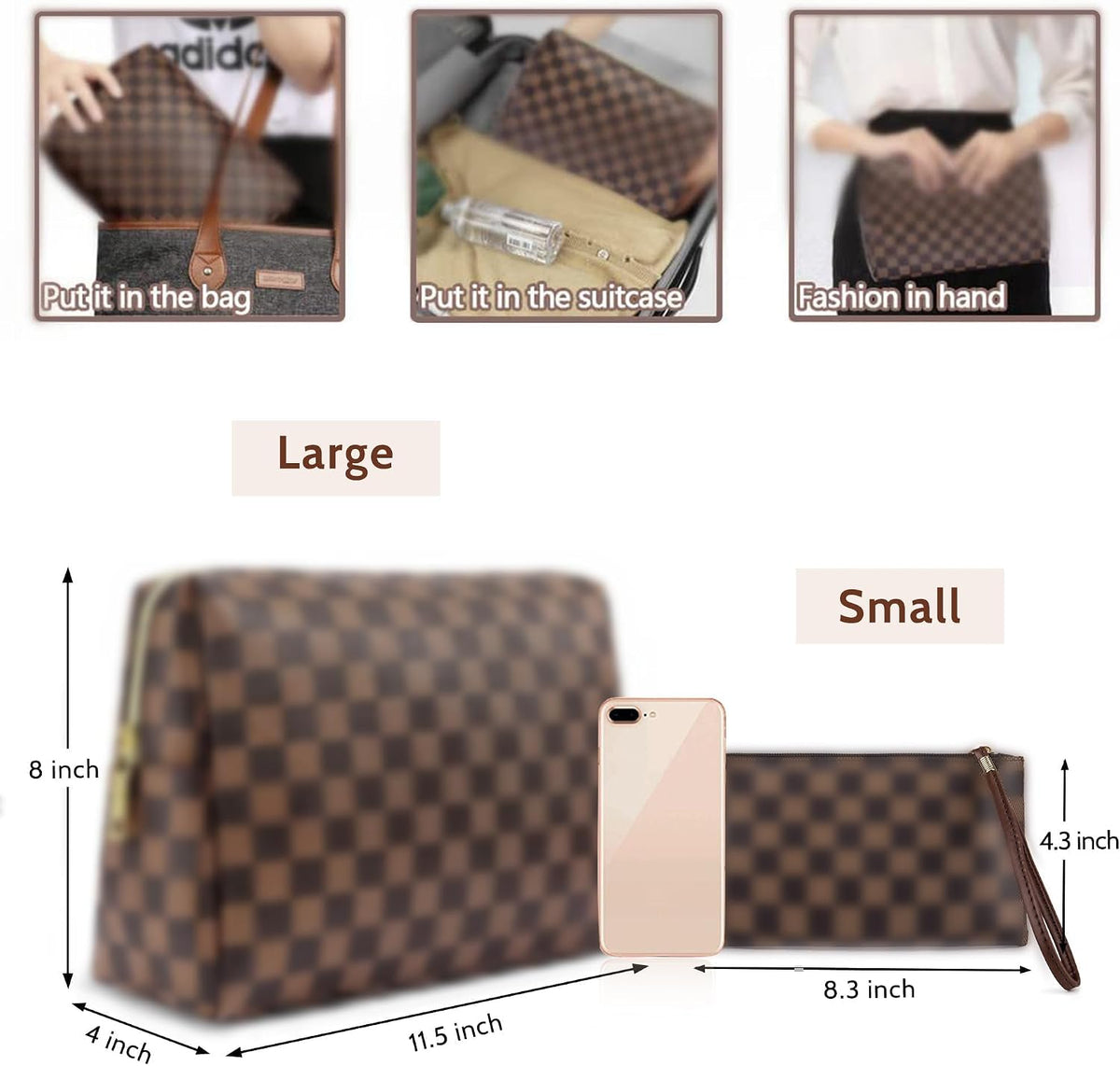 BAGCRAZY Checkered Makeup Bag 2 Pack, Waterproof PU Leather Travel Cosmetic Organizer Set for Women, Portable Toiletry Pouch for Purse & Weekend Getaways