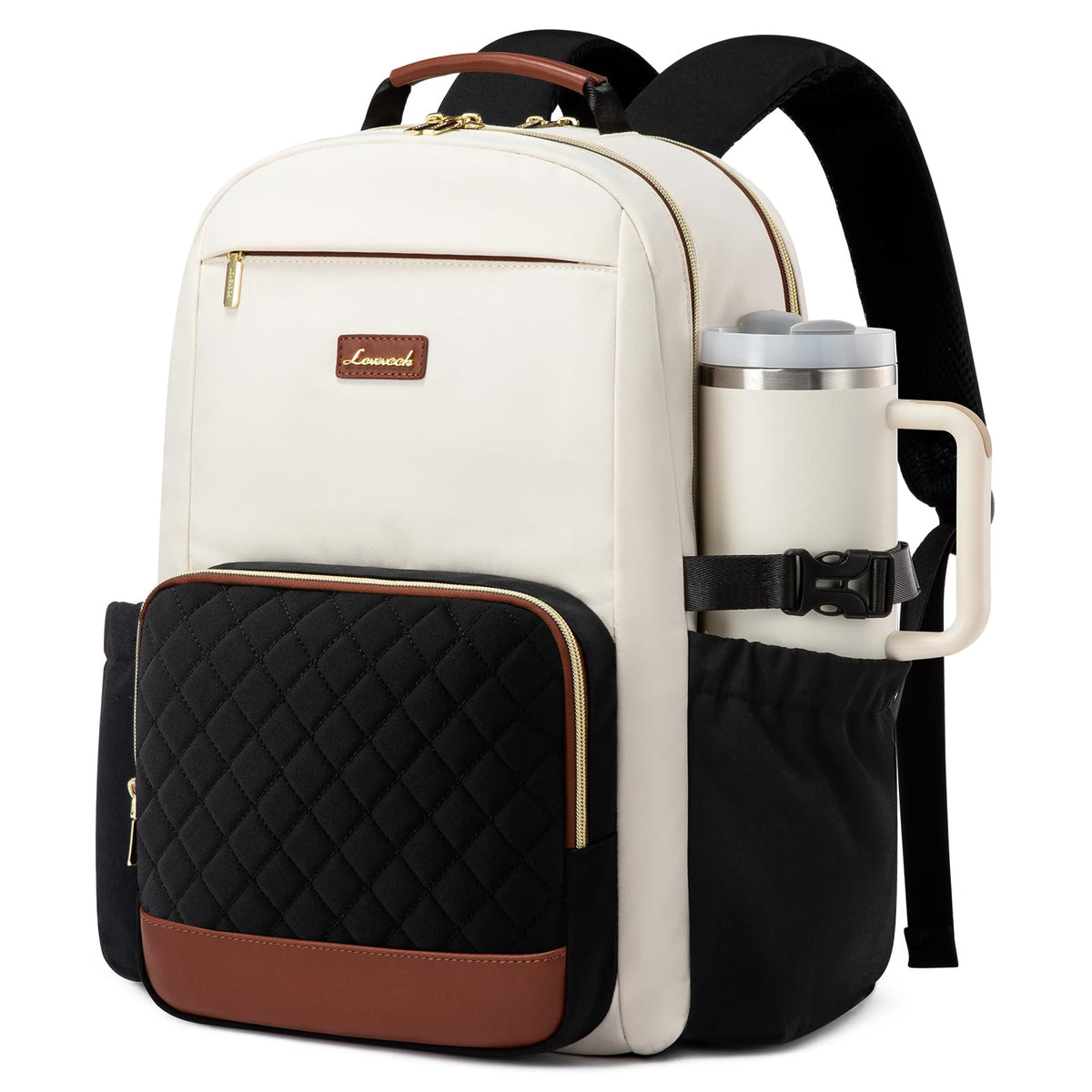 LOVEVOOK Laptop Backpack for Women with Pouch Pocket for Large Capacity Cup,15.6 Inch Laptop Computer Bag Travel Backpack Purse,Waterproof Work Business Backpack College Teacher Bags,Beige-Black-Brown