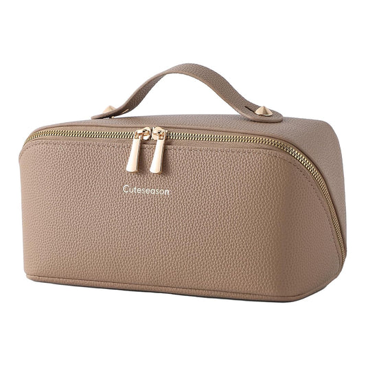 PU Leather Makeup Bag for Women, Structured Makeup Case with Wide Opening, Travel Cosmetic Bag with Compartments and Handle, Water-Resistant Makeup Organizer(Khaki, Lychee Grain)