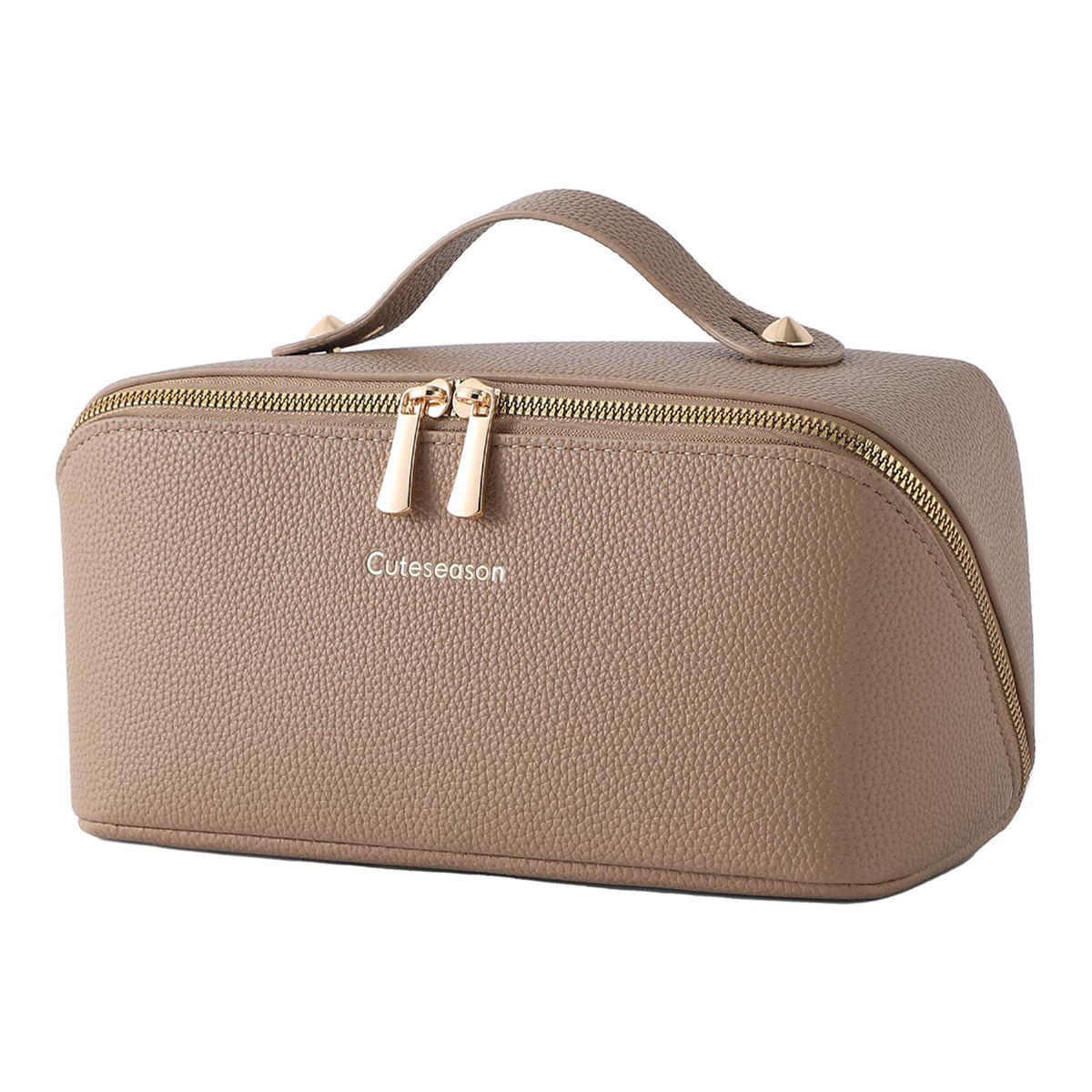 PU Leather Makeup Bag for Women, Structured Makeup Case with Wide Opening, Travel Cosmetic Bag with Compartments and Handle, Water-Resistant Makeup Organizer(Khaki, Lychee Grain)