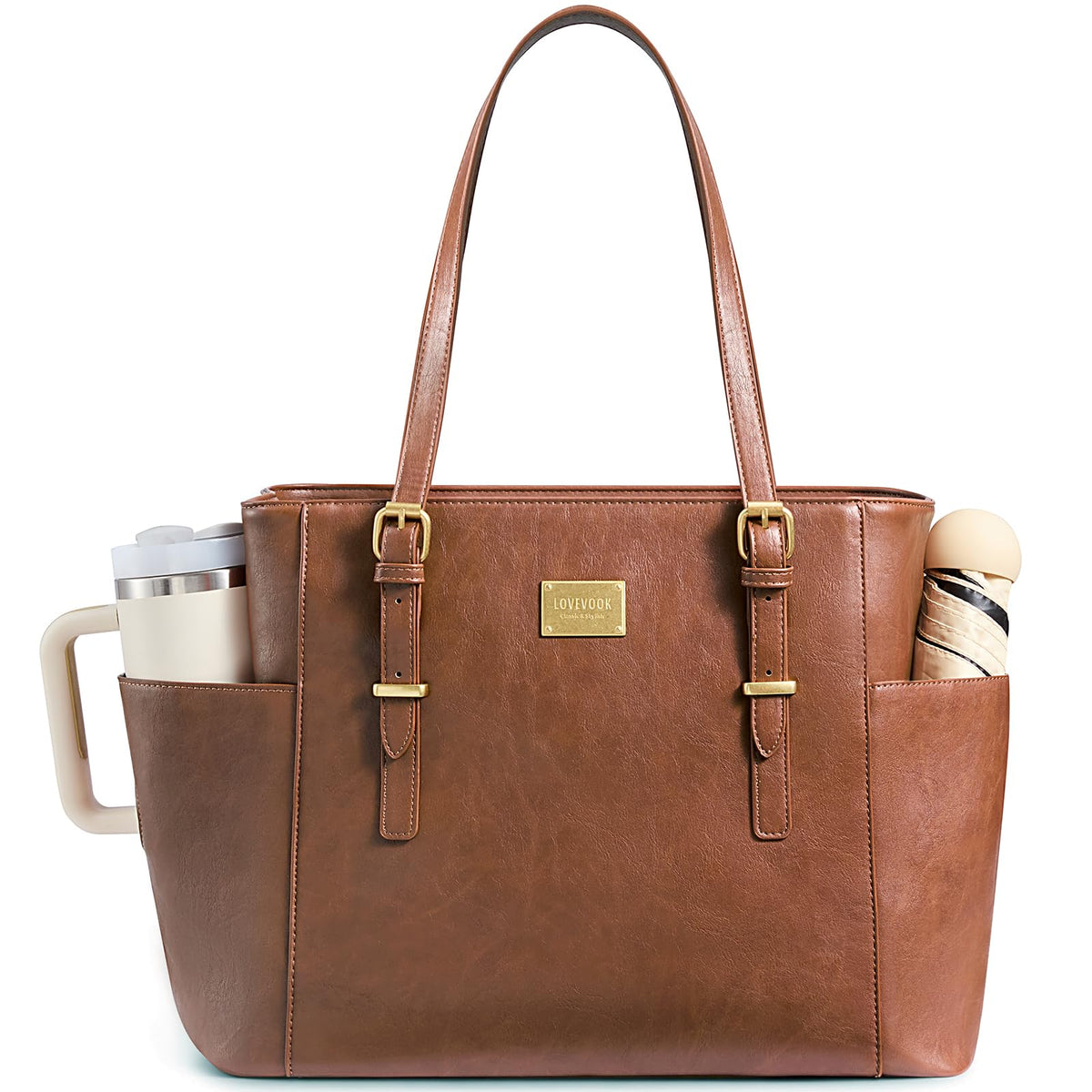 LOVEVOOK Laptop Tote Bag for Women, Vintage Leather 15.6 Inch Work Tote with Large Water Bottle Pocket, Teacher Nurse Professional Computer Bag, Office Briefcase Handbag Gift, Brown