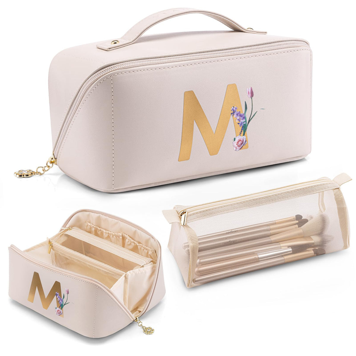 VLANDO Travel Makeup Bag with 180°Opening, Women Toiletry Case,Toffee