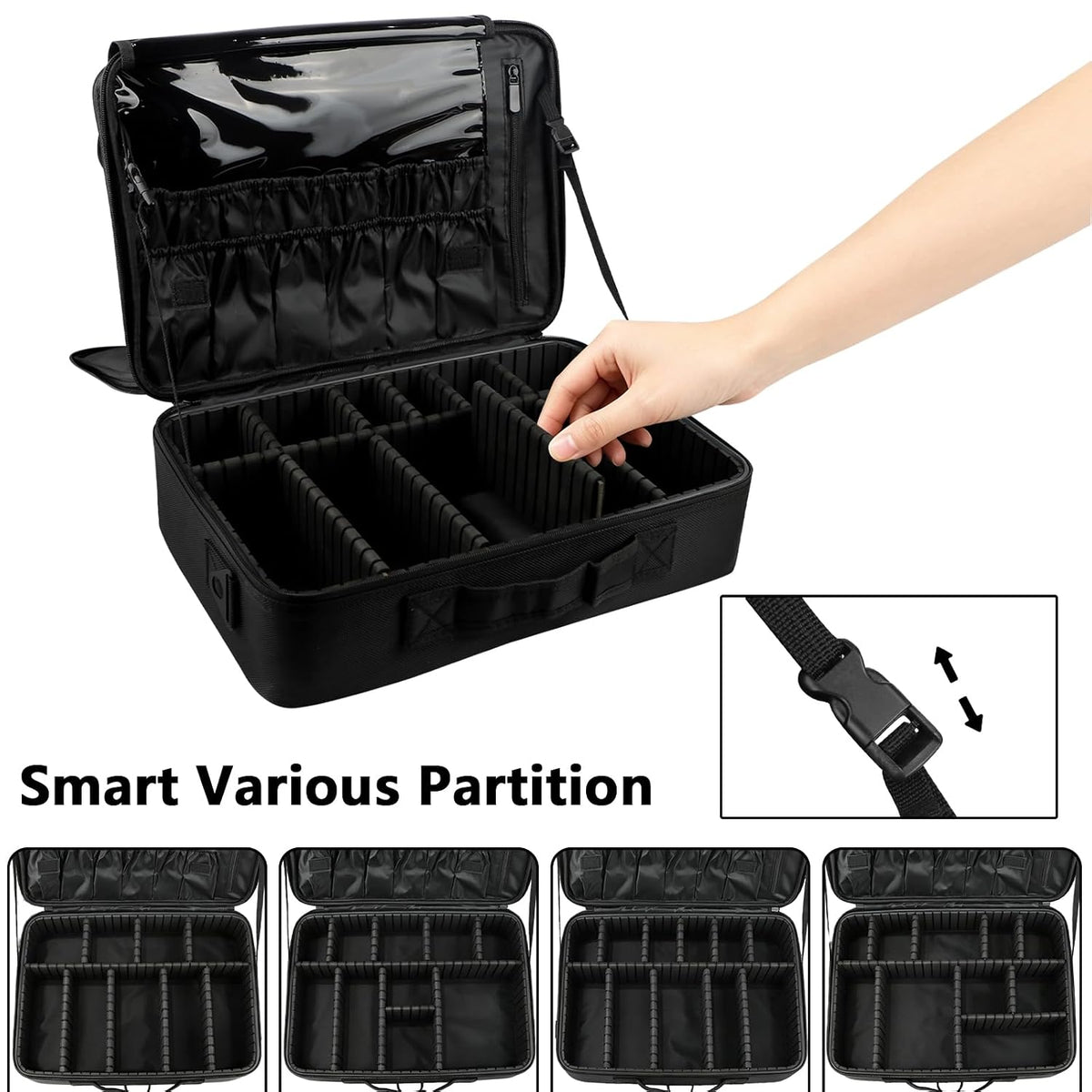 gzcz Large Capacity Travel Makeup Train Case,Professional Cosmetic Bags for Women,Portable Makeup Brush Bag Organizer Storage with Adjustable Dividers and Shoulder Strap