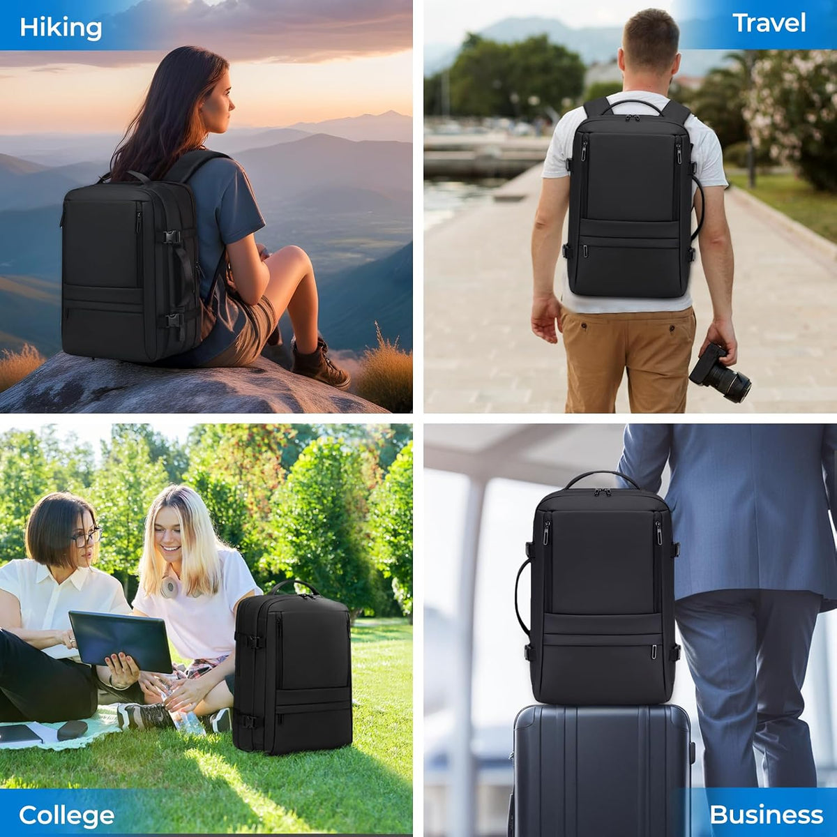 Rcrirth Carry On Travel Backpack Flight Approved for Men Women, Black