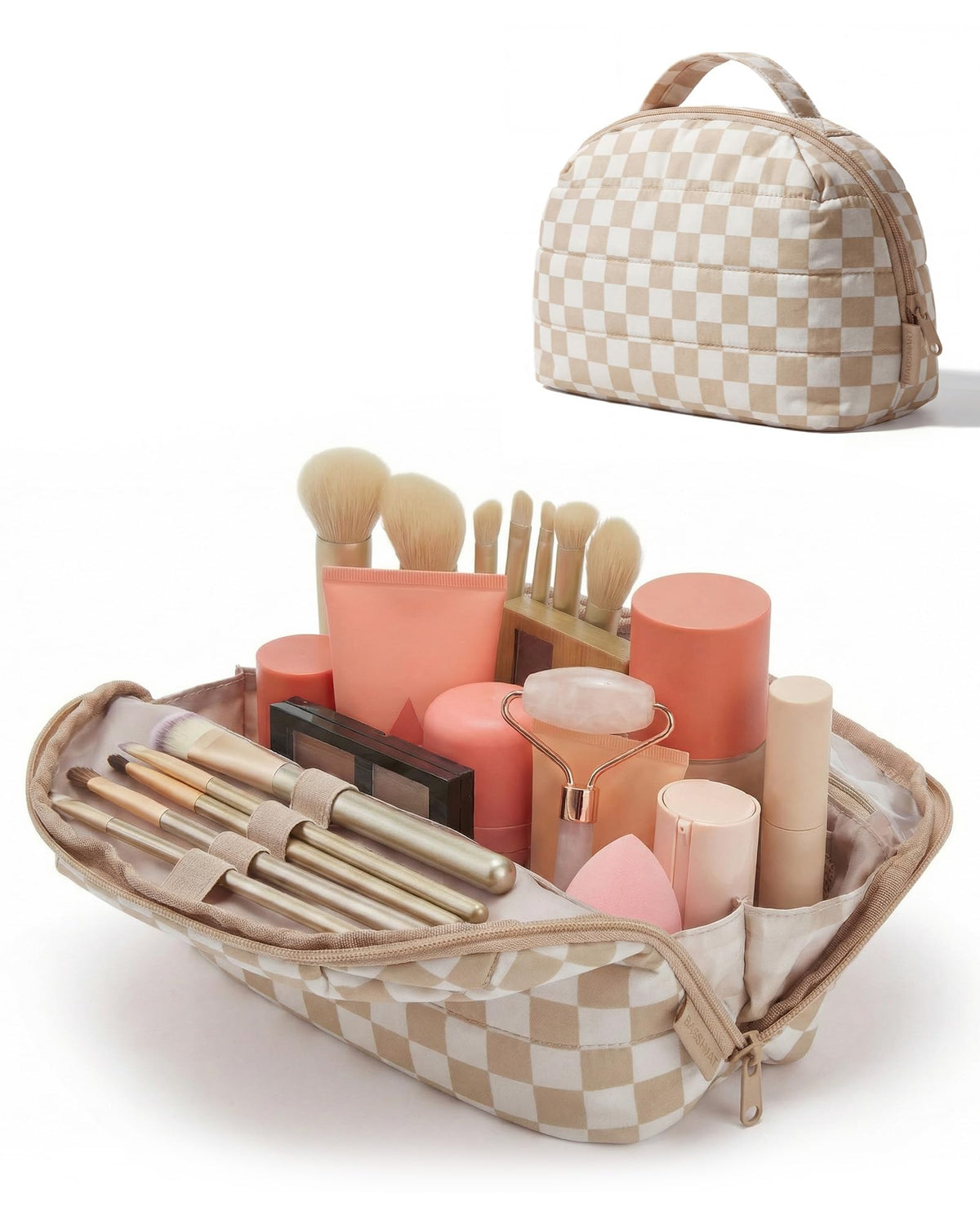 BAGSMART Travel Makeup Bag, Fold-Down Cosmetic Pouch for Women, Pink