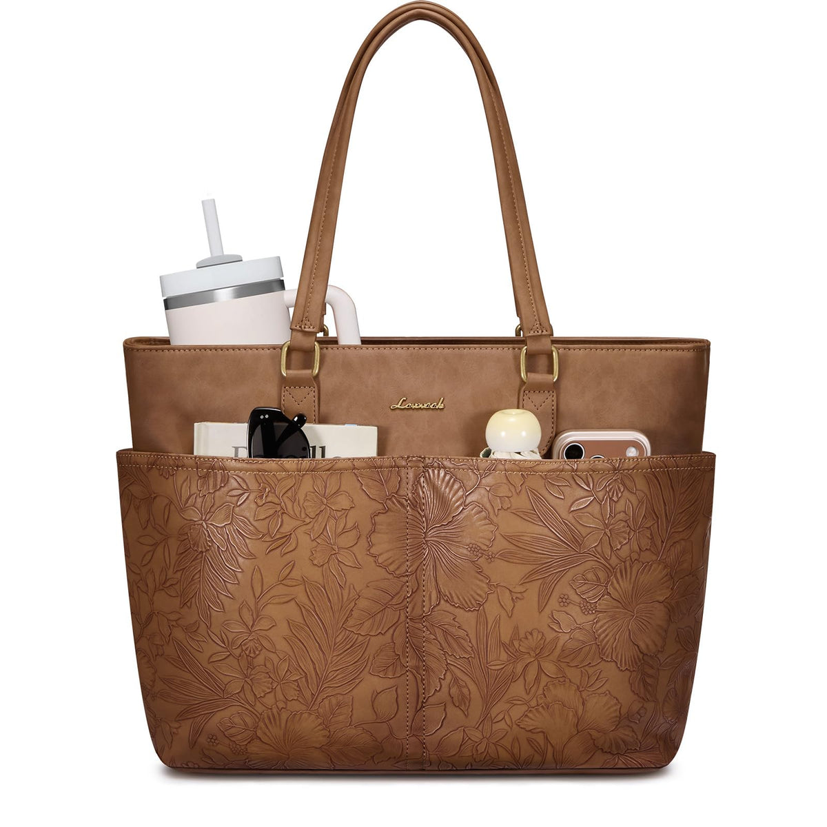 LOVEVOOK Work Tote Bags for Women, Vintage Leather 15.6 Inch Laptop Bag with Large Cup Holder, Teacher Nurse Medical Professional Computer Bag, Office Briefcase Handbag Gift