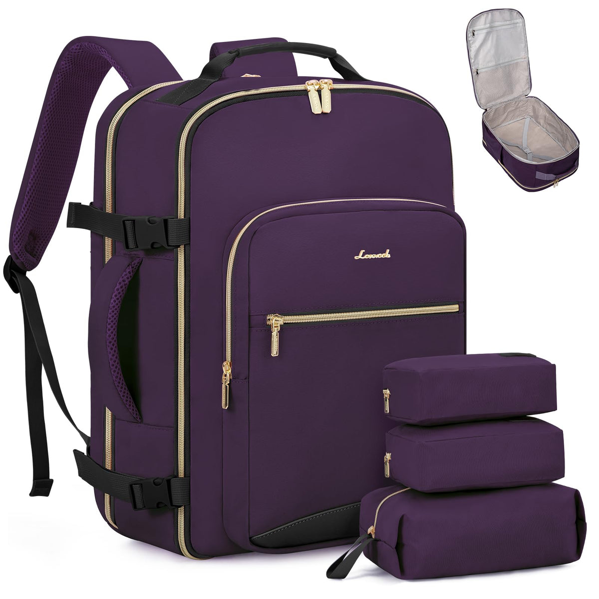 LOVEVOOK 40L Travel Backpack Flight Approved Carry on Backpack,3 Packing Cubes,Waterproof Personal Item Travel Bag,TSA Carry on Luggage Suitcase Travel Essentials,Gifts for Women & Men,fits 17" Laptop