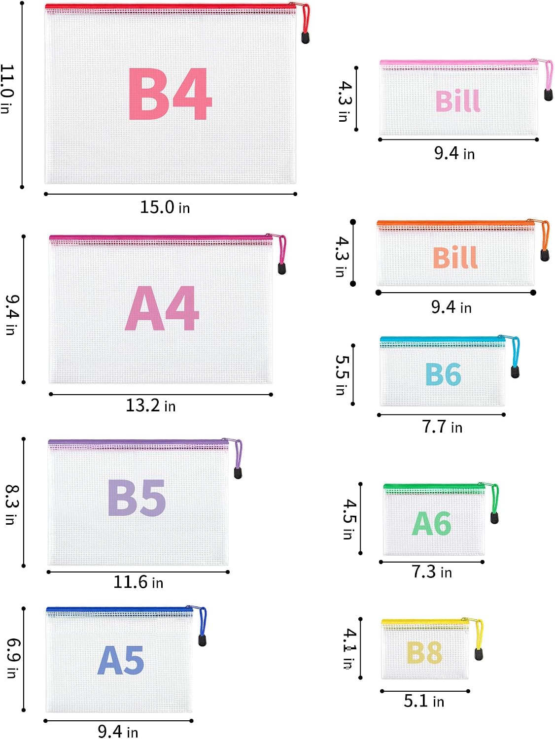 JARLINK 18 Pcs Mesh Zipper Pouch Bags, 8 Sizes Waterproof Zipper Bags