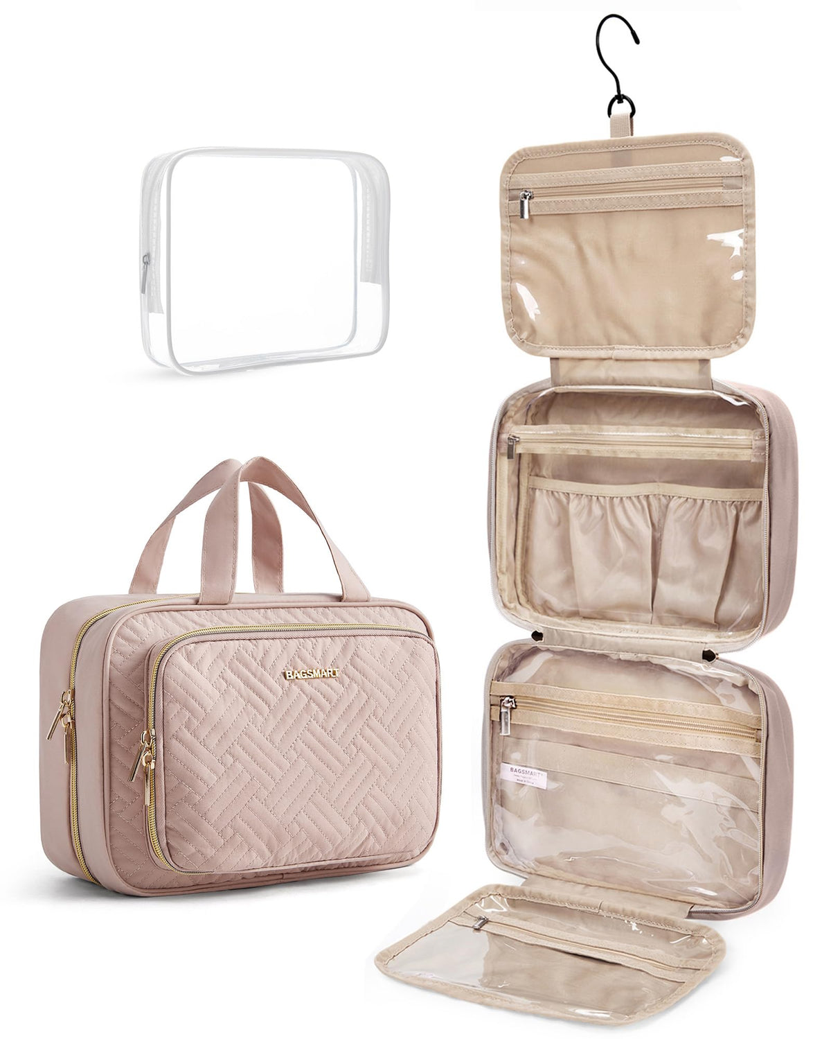 BAGSMART Toiletry Bag Hanging Travel Makeup Organizer with TSA Approved Transparent Cosmetic Bag Makeup Bag for Full Sized Toiletries, Medium-Black