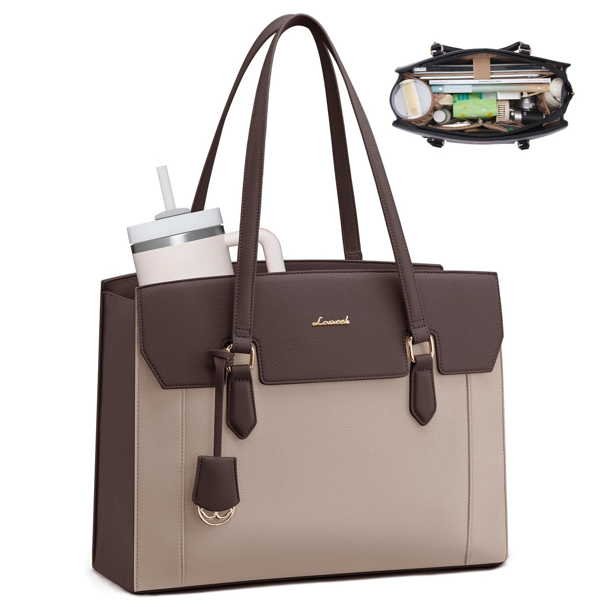 LOVEVOOK Laptop Tote Bag for Women,Computer Work Bag With Large Cup Holder,15.6 Inch Waterproof PU Leather Purse Briefcase for Teacher
