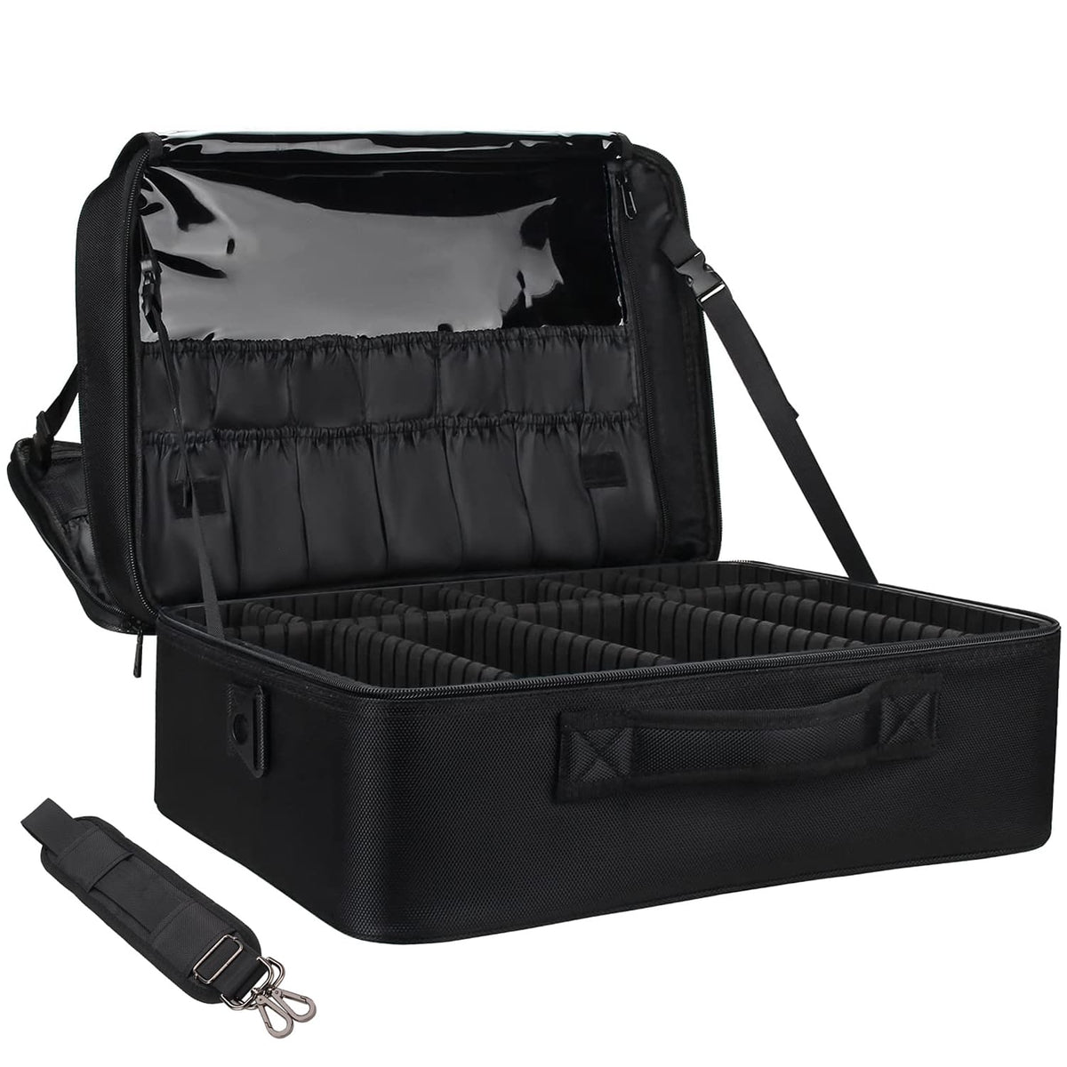 Relavel Makeup Bag Travel Makeup Train Case Large Cosmetic Case Professional Portable Makeup Brush Holder Organizer and Storage with Adjustable Dividers and Shoulder Strap Black