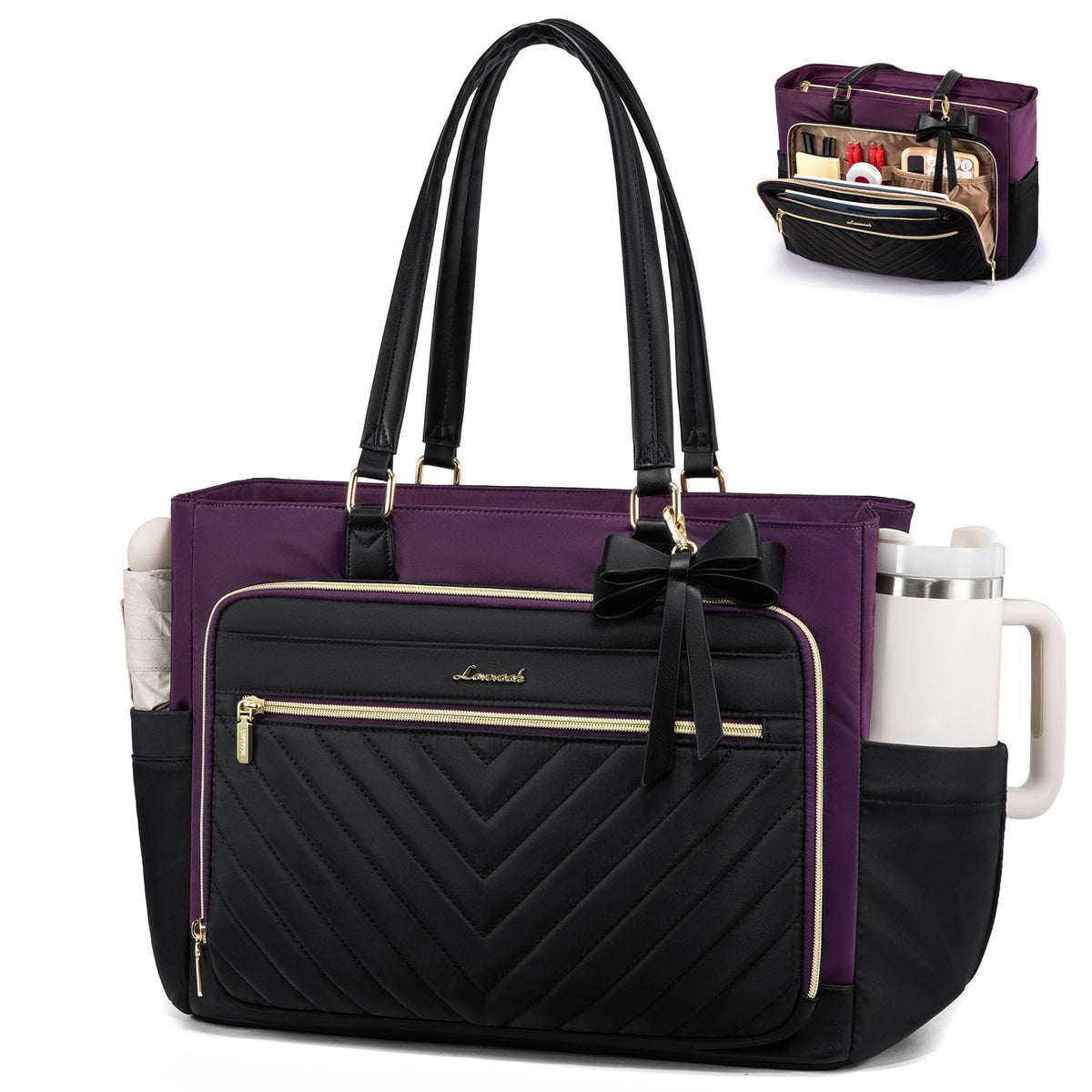 LOVEVOOK Teacher Tote Bag for Women, Work Laptop Bag Gift with Large Cup Holder, Quilted Nurse Bag Diaper Tote with Multi-Pockets, Large Computer Handbag Purse for Bussiness Travel, Office, College