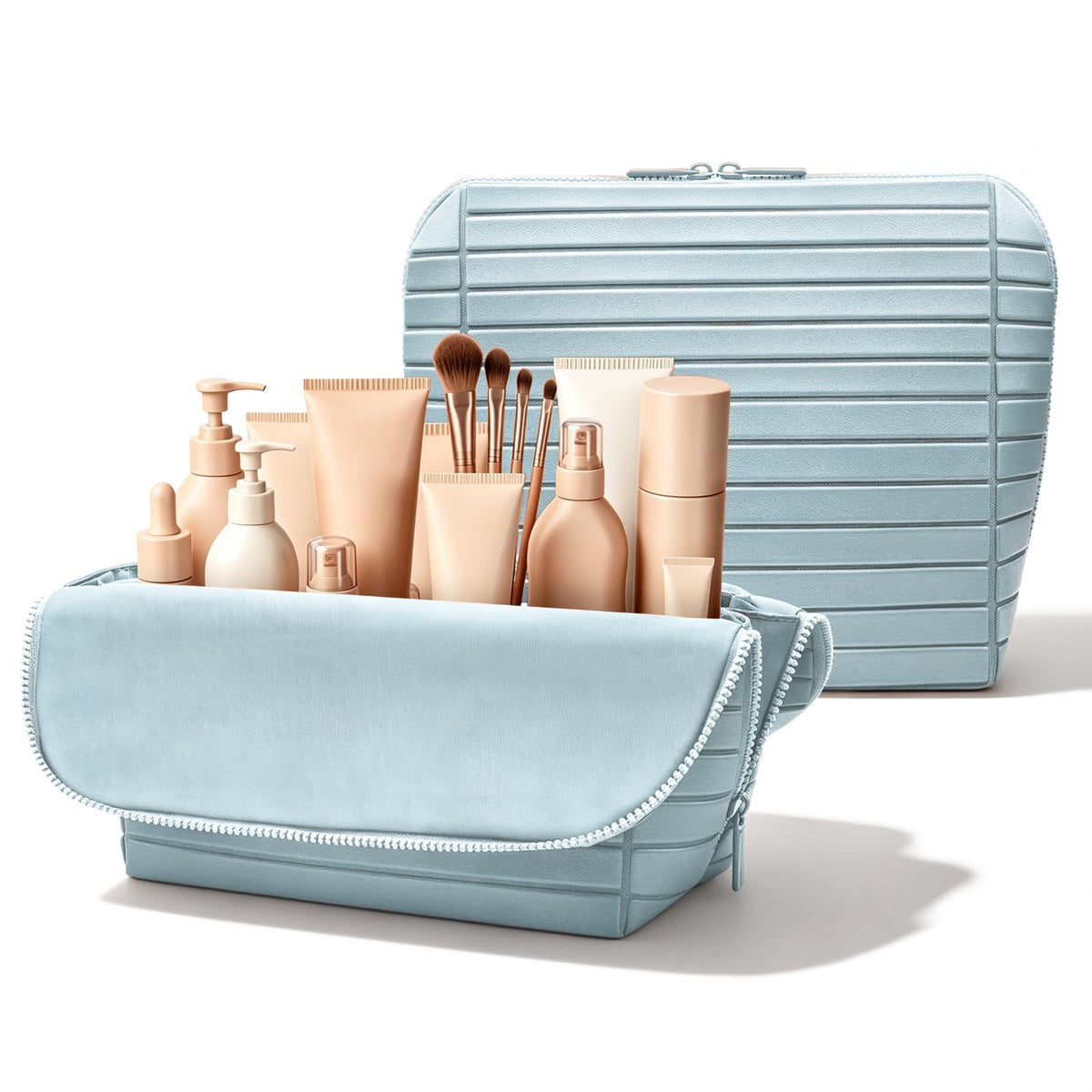Travel Makeup Organizer Bag with Fold-Down Design and Adjustable Dividers, 27 Pockets & 3 Brush Storage Holders, Large Capacity Cosmetic Bags Toiletry Case - White