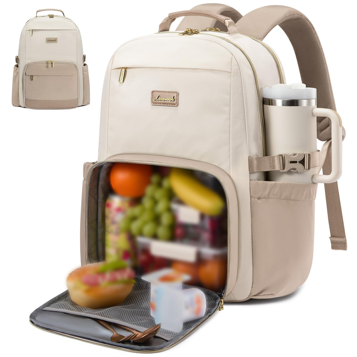 LOVEVOOK Laptop Backpack for Women with Pouch Pocket for Large Capacity Cup,15.6 Inch Laptop Computer Bag Travel Backpack Purse,Waterproof Work Business Backpack College Teacher Bags,Beige-Black-Brown