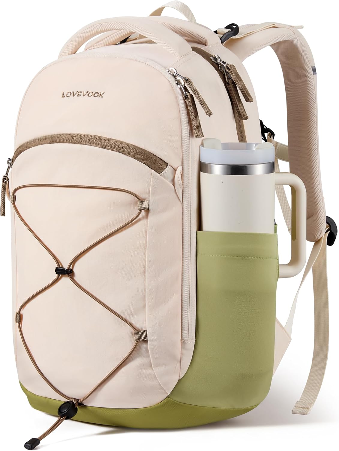 LOVEVOOK Everyday Laptop Backpack for Women & Men With Tumbler Holder,15.6 Inch Classic Travel Work College Teacher Carry on Backpack Purse,Waterproof Computer laptop Bag Hiking Backpack,Beige-Green